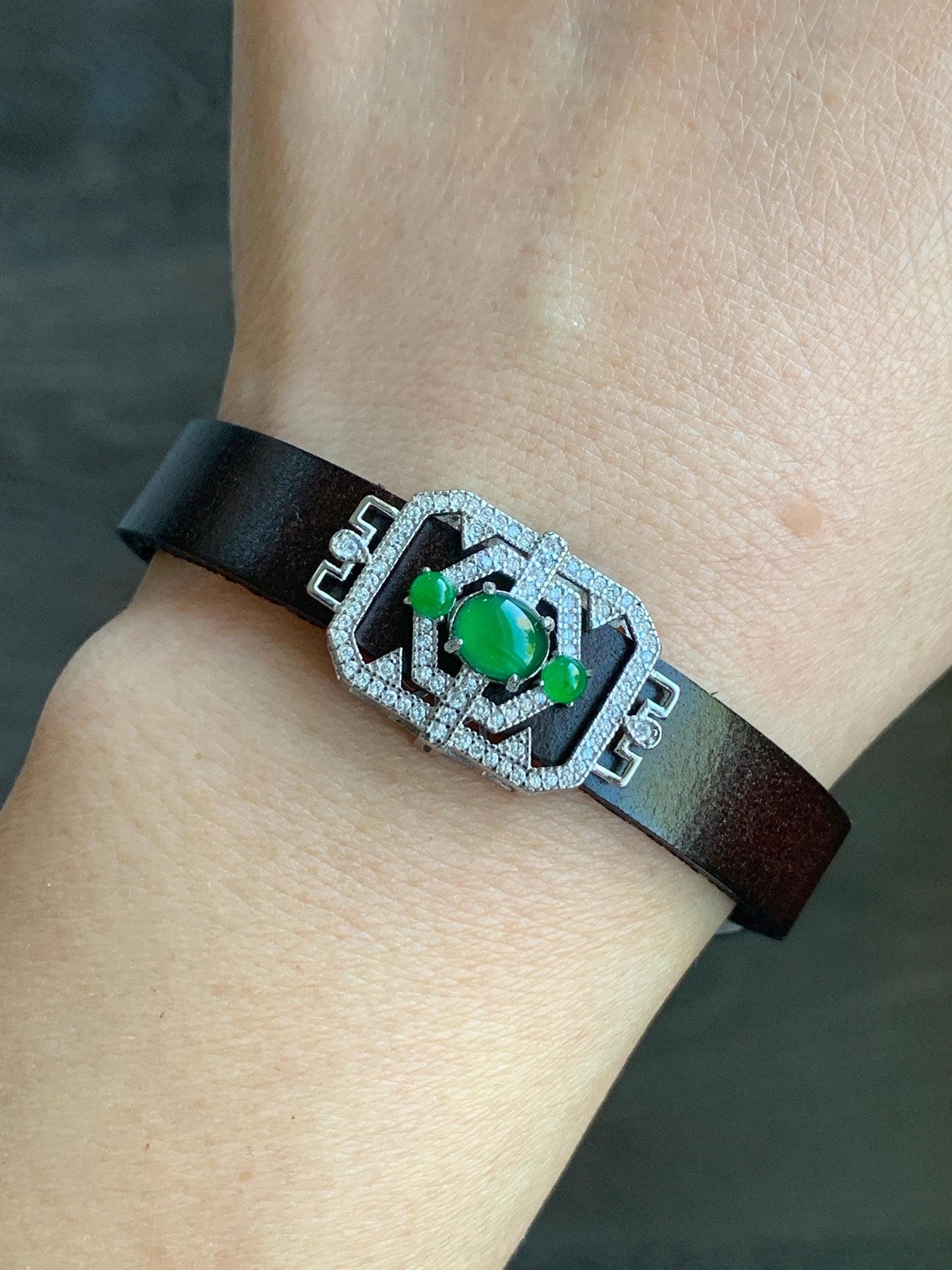 Natural Guatemalan Icy Translucent Vibrant Green Jadeite Buckle Bracelet Sterling Silver Adjustable 6”-8” 天然冰危绿翡翠银镶手牌手表镯