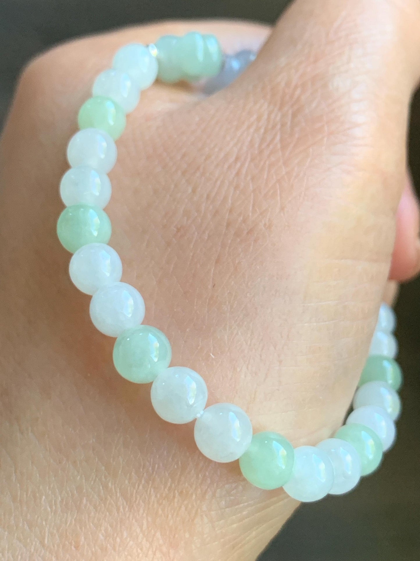 Natural Burmese Icy Translucent Light Green & White Jadeite Chery Blossom Beaded Bracelet Sterling Silver 6.75” 12g 天然缅甸白冰晴底翡翠梅花圆珠手串