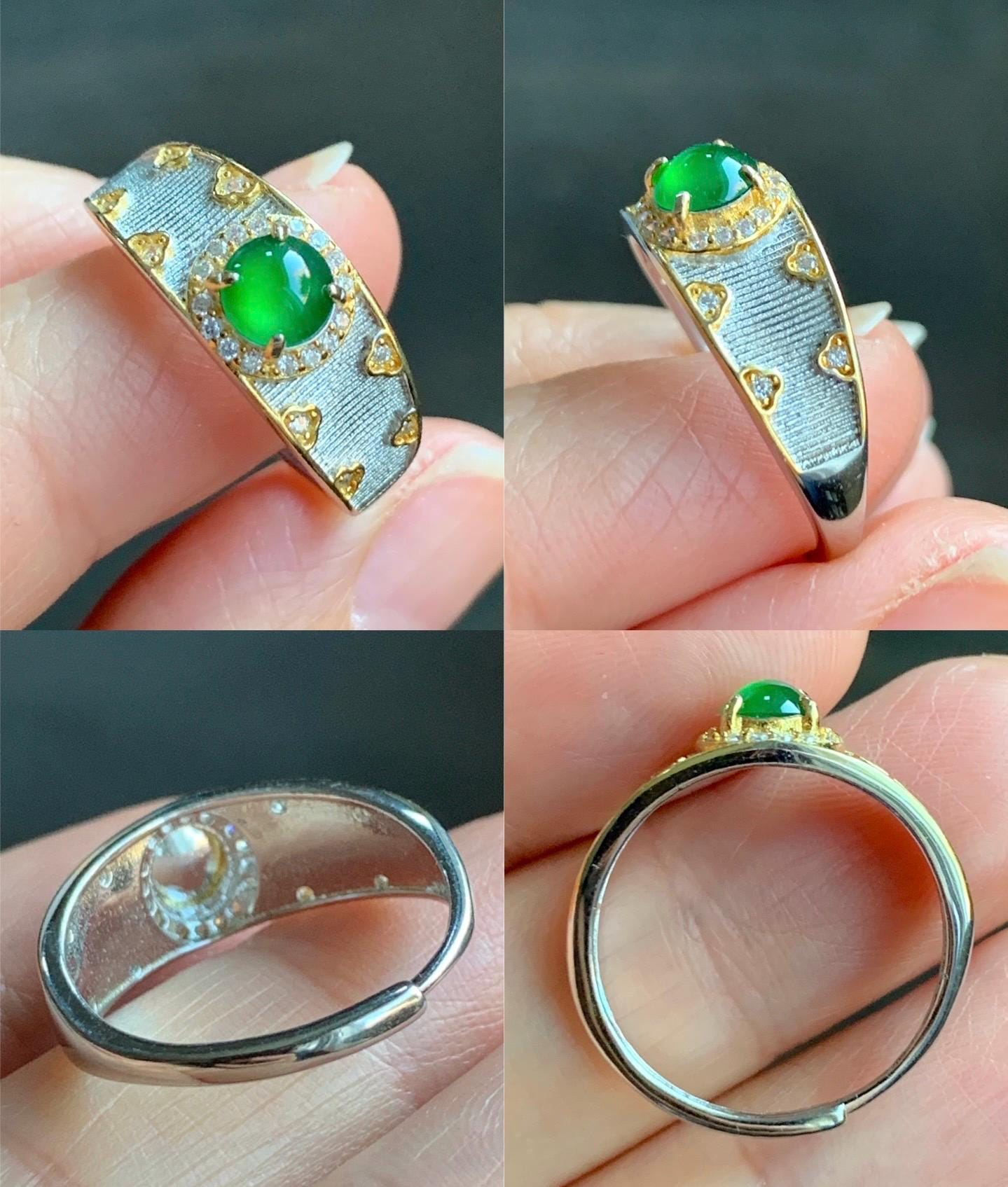 Natural Guatemalan Icy Translucent Vibrant Green Round Jadeite Band Style Ring S925 Sterling Silver Size 7 Adjustable 天然冰危绿翡翠银镶戒指 MLR120