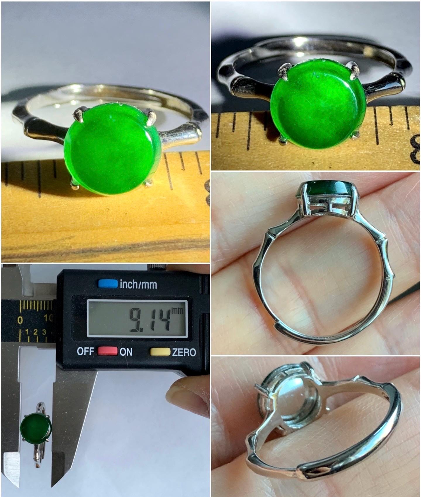 Natural Guatemalan Icy Translucent Vibrant Green Jadeite Solitaire Bamboo Ring Sterling Silver Size 7 Adjustable 天然冰危绿翡翠银镶竹节戒指 LZJ88