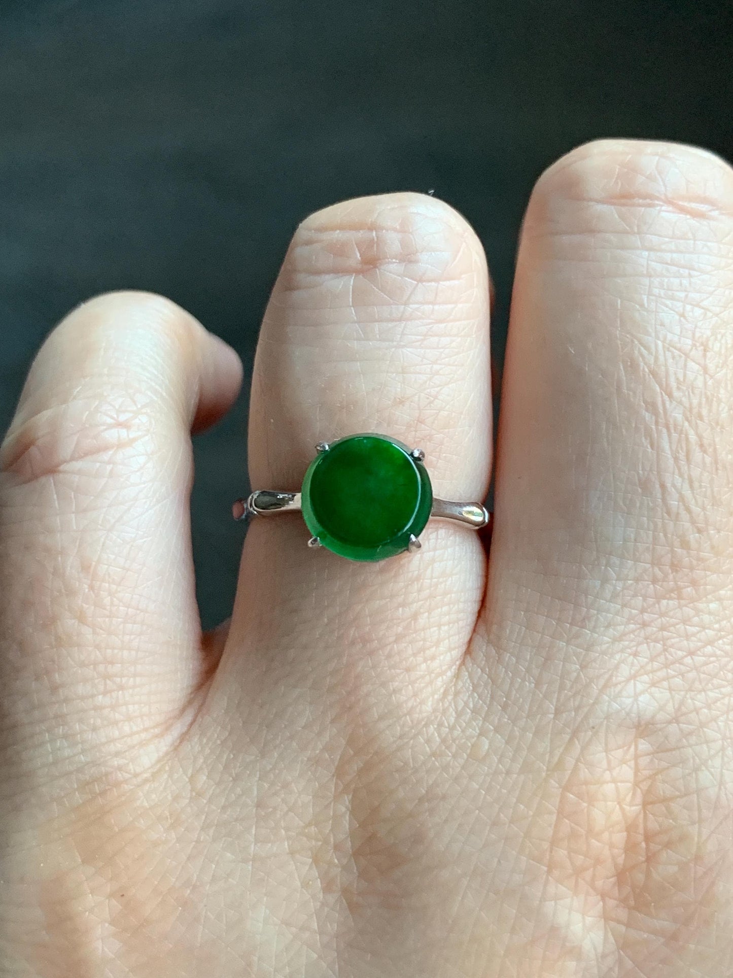 Natural Guatemalan Icy Translucent Vibrant Green Jadeite Solitaire Bamboo Ring Sterling Silver Size 7 Adjustable 天然冰危绿翡翠银镶竹节戒指 LZJ88