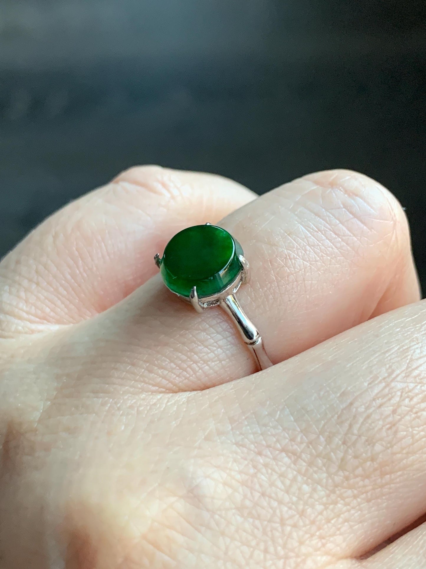 Natural Guatemalan Icy Translucent Vibrant Green Jadeite Solitaire Bamboo Ring Sterling Silver Size 7 Adjustable 天然冰危绿翡翠银镶竹节戒指 LZJ88