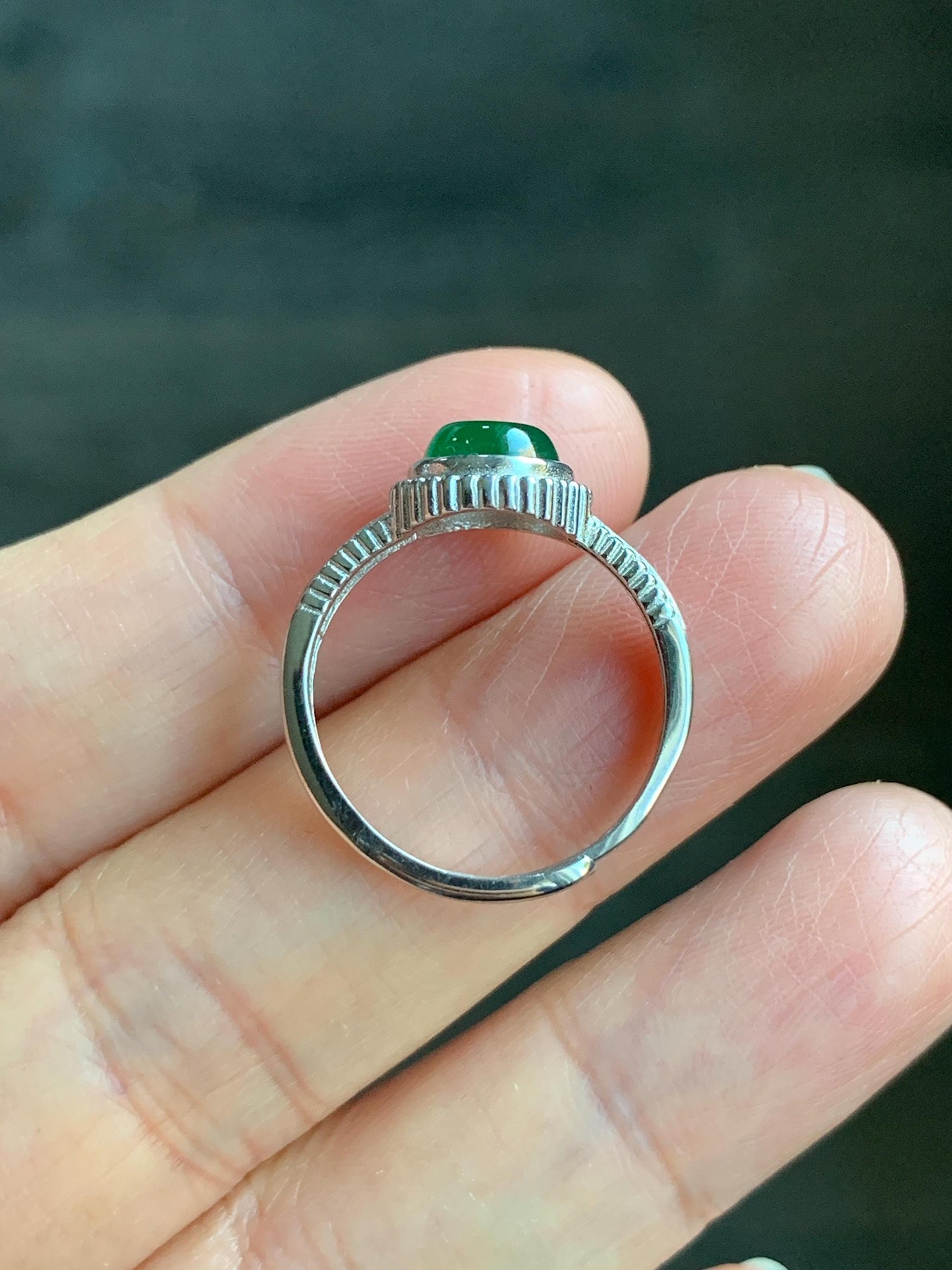 Natural Guatemalan Icy Translucent Vibrant Green Jadeite Mini Donut Ping An Kou Ring Sterling Silver Size 7 Adjustable 天然冰危绿翡翠小平安扣银镶戒指 XPK66