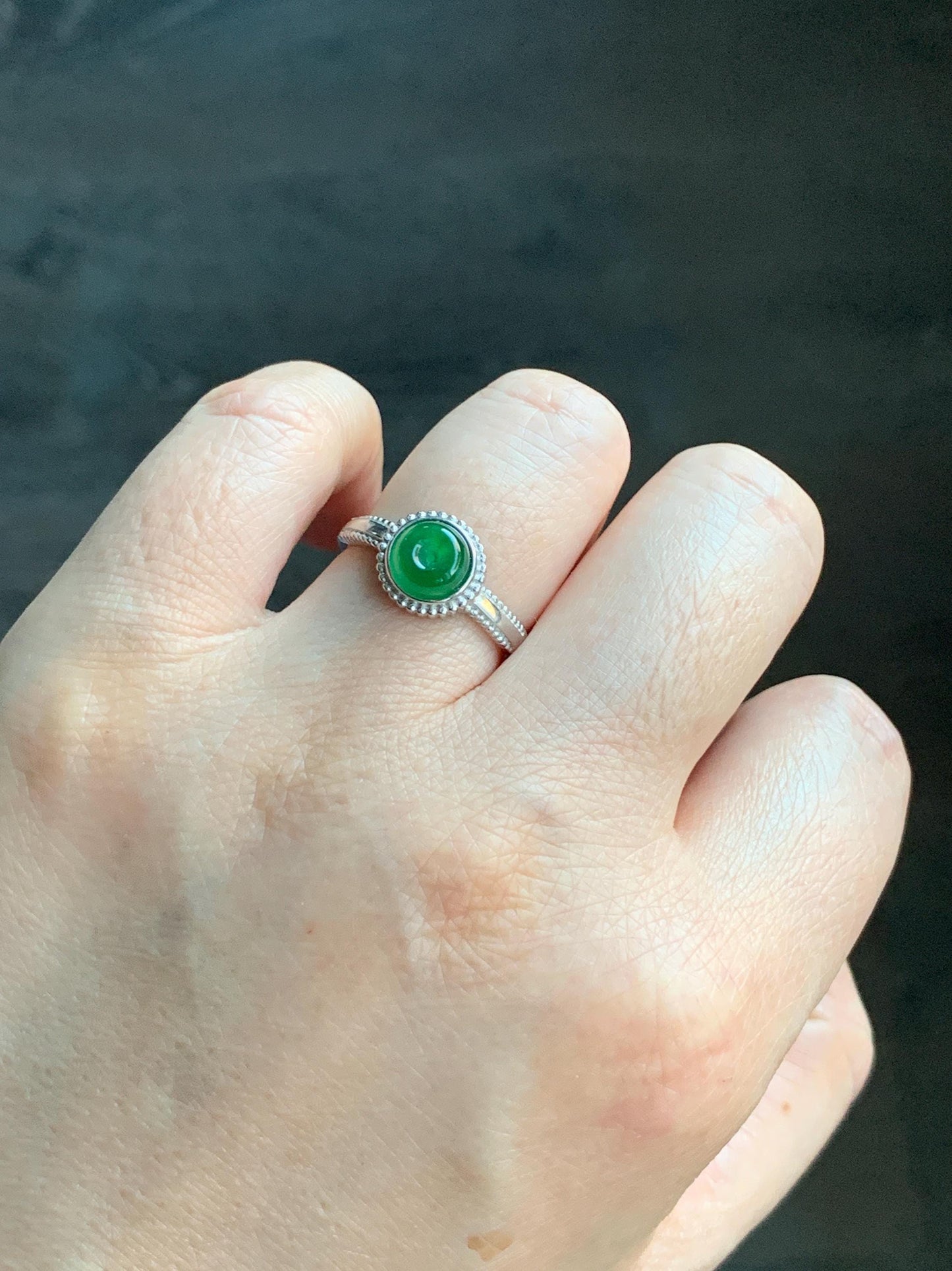 Natural Guatemalan Icy Translucent Vibrant Green Jadeite Mini Donut Ping An Kou Ring Sterling Silver Size 7 Adjustable 天然冰危绿翡翠小平安扣银镶戒指 XPK66