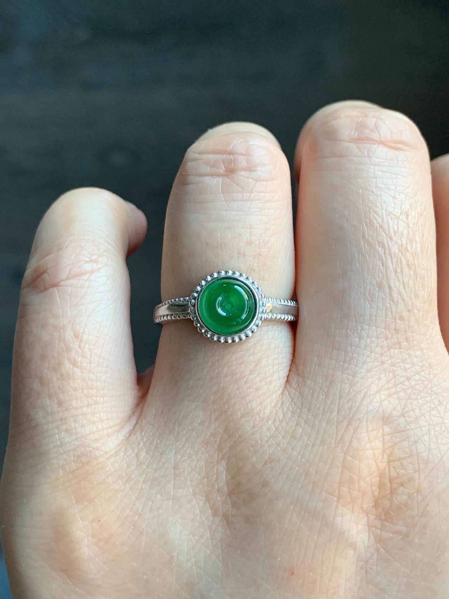 Natural Guatemalan Icy Translucent Vibrant Green Jadeite Mini Donut Ping An Kou Ring Sterling Silver Size 7 Adjustable 天然冰危绿翡翠小平安扣银镶戒指 XPK66