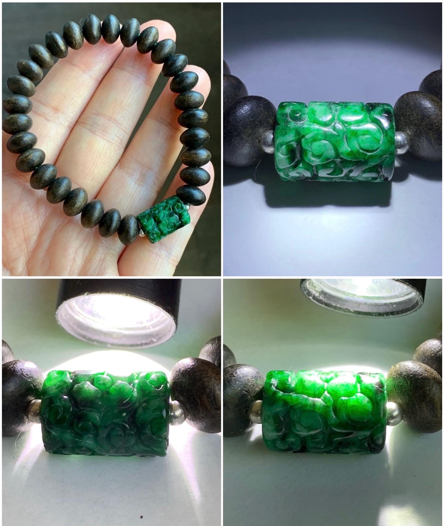 Natural Burmese Semi Translucent Vibrant Green Marbled Jadeite Engraved Barrel Bead Agarwood Beaded Bracelet 7.25” 10g 天然缅甸辣绿飘花翡翠仿古雕桶珠沉香鼓珠手串