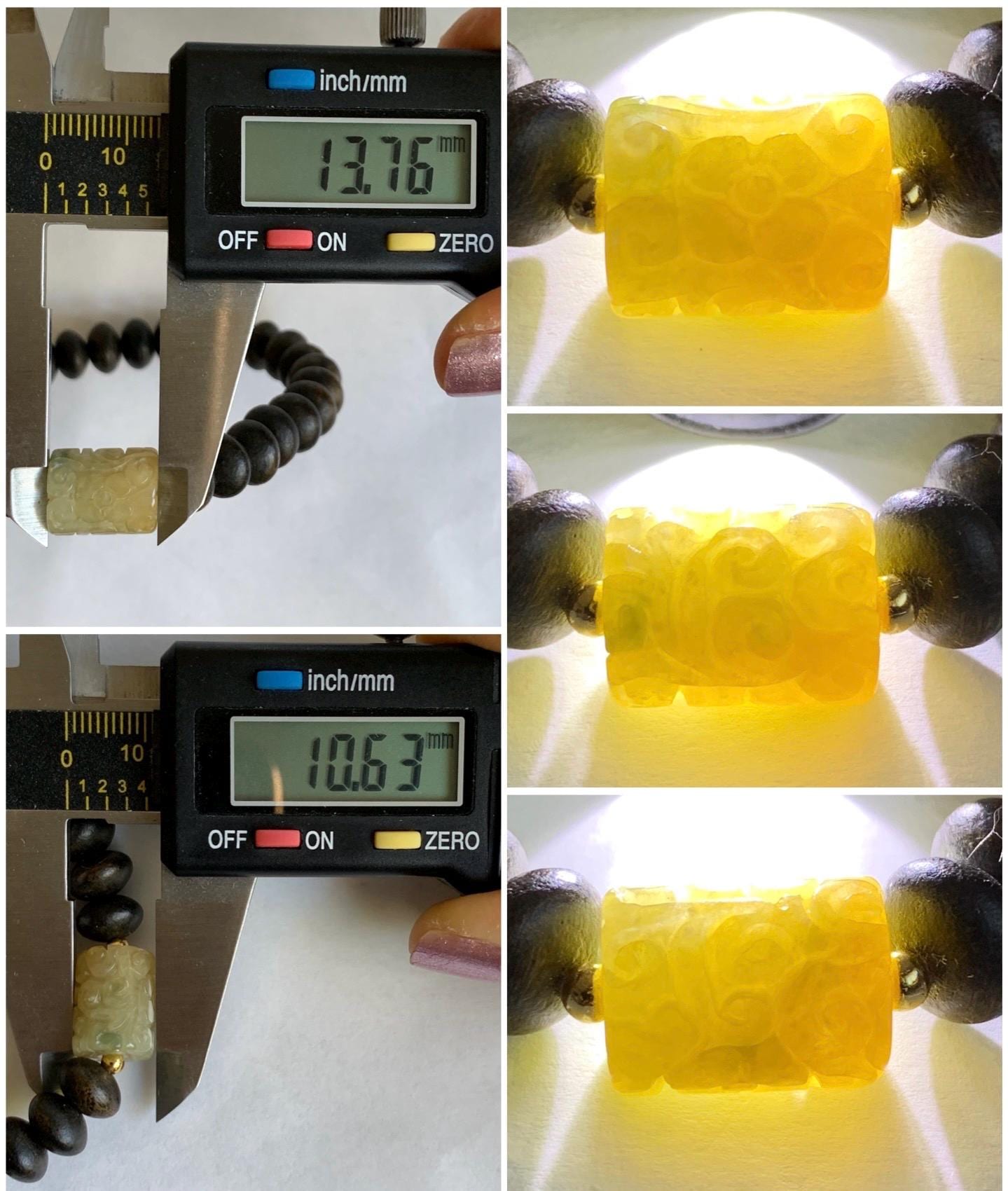 Natural Burmese Icy Translucent Light Yellow Jadeite Engraved Barrel Bead Agarwood Beaded Bracelet Sterling Silver 7” 天然缅甸冰糖黄翡翠仿古雕桶珠沉香鼓珠手串