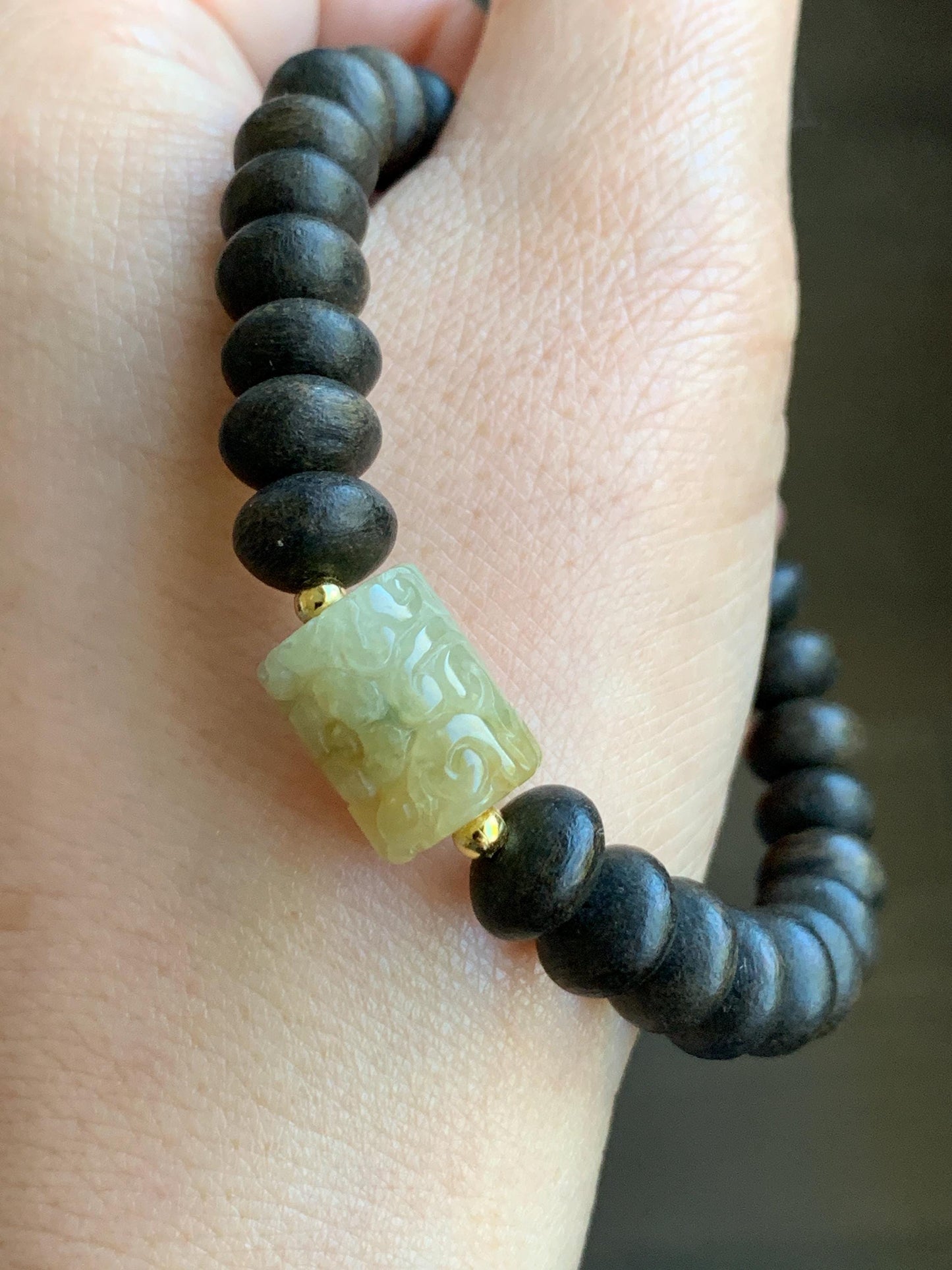 Natural Burmese Icy Translucent Light Yellow Jadeite Engraved Barrel Bead Agarwood Beaded Bracelet Sterling Silver 7” 天然缅甸冰糖黄翡翠仿古雕桶珠沉香鼓珠手串