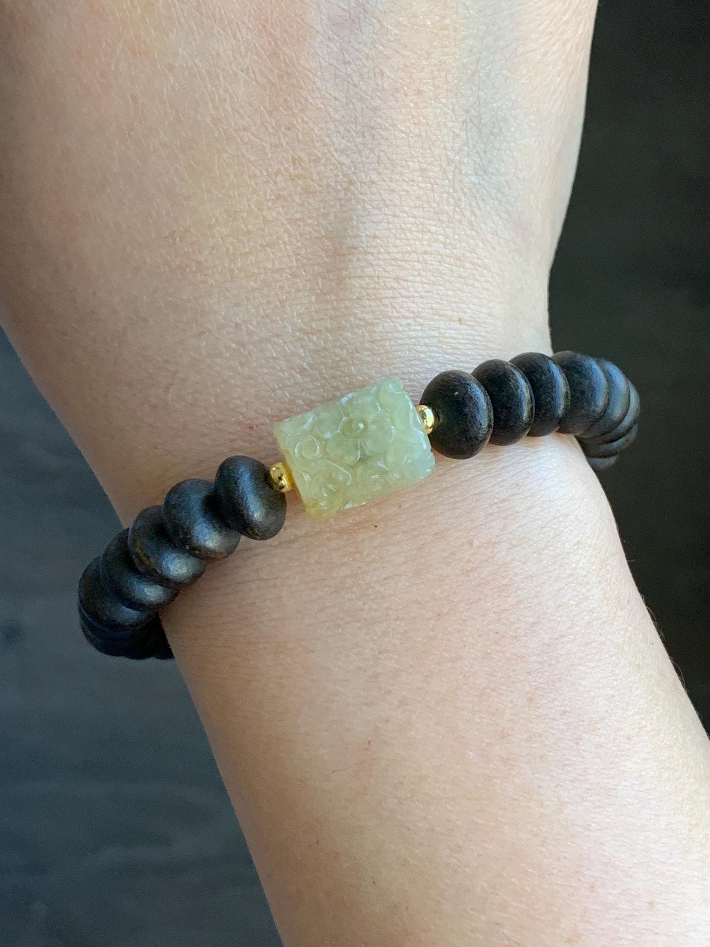 Natural Burmese Icy Translucent Light Yellow Jadeite Engraved Barrel Bead Agarwood Beaded Bracelet Sterling Silver 7” 天然缅甸冰糖黄翡翠仿古雕桶珠沉香鼓珠手串