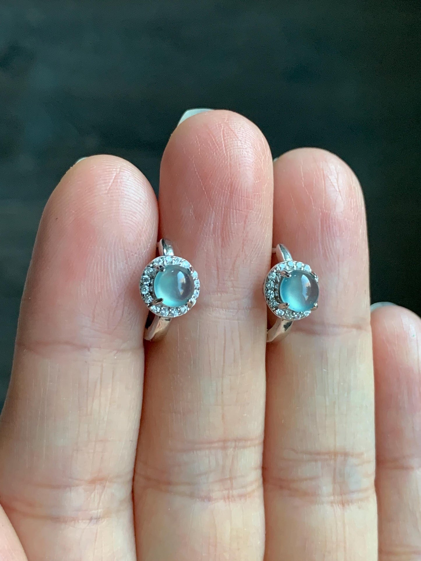 Natural Guatemalan Icy Highly Translucent Light Blue Jadeite Halo Style Huggie Hoop Earrings Sterling Silver 天然冰危起光淡蓝翡翠镶嵌耳包 DLB1028