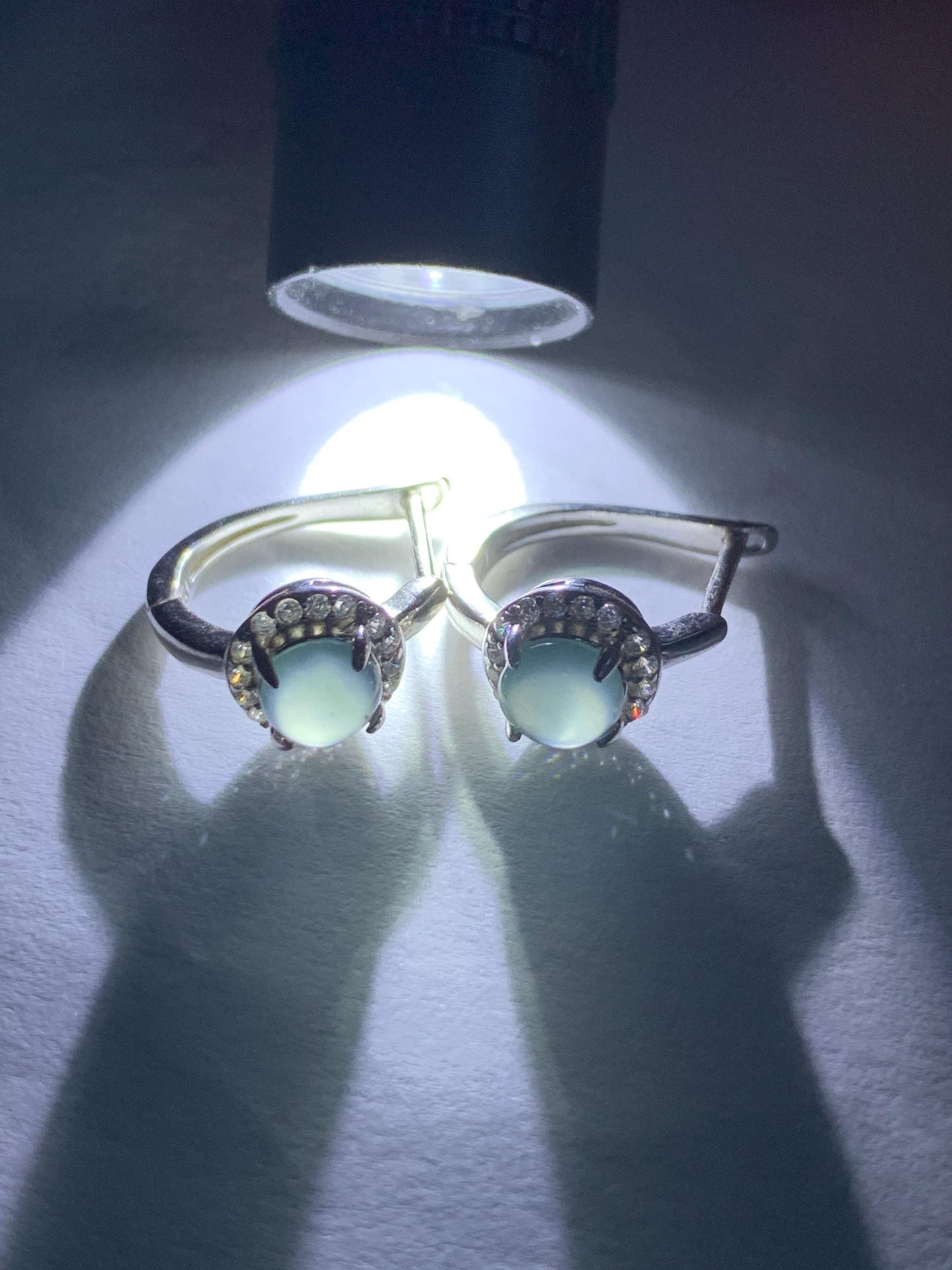 Natural Guatemalan Icy Highly Translucent Light Blue Jadeite Halo Style Huggie Hoop Earrings Sterling Silver 天然冰危起光淡蓝翡翠镶嵌耳包 DLB1028