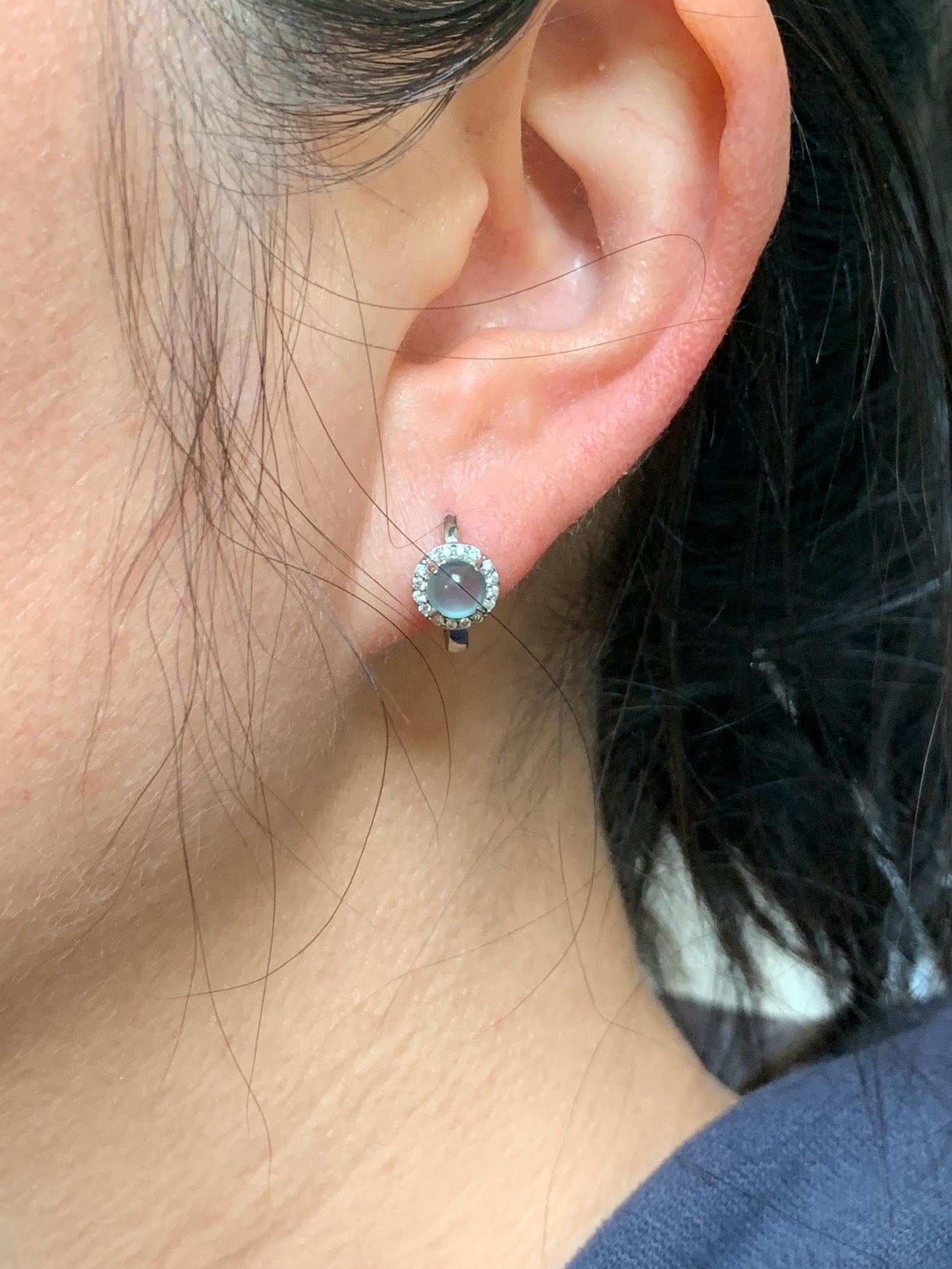 Natural Guatemalan Icy Highly Translucent Light Blue Jadeite Halo Style Huggie Hoop Earrings Sterling Silver 天然冰危起光淡蓝翡翠镶嵌耳包 DLB1028