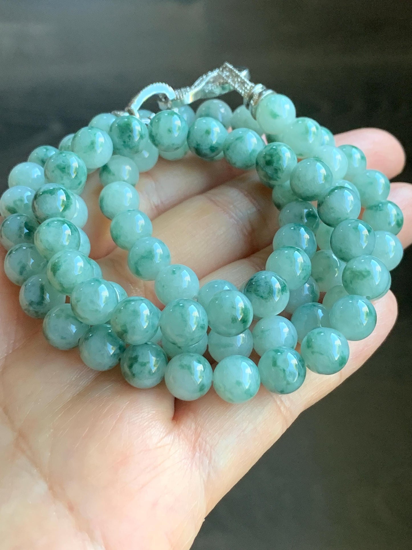 Certified Natural Burmese Icy Translucent Gelatinous Light Green Marbled Jadeite Beads Beaded Necklace 7.4mm 25” 61g 天然缅甸冰胶飘花翡翠圆珠长串项链 3006