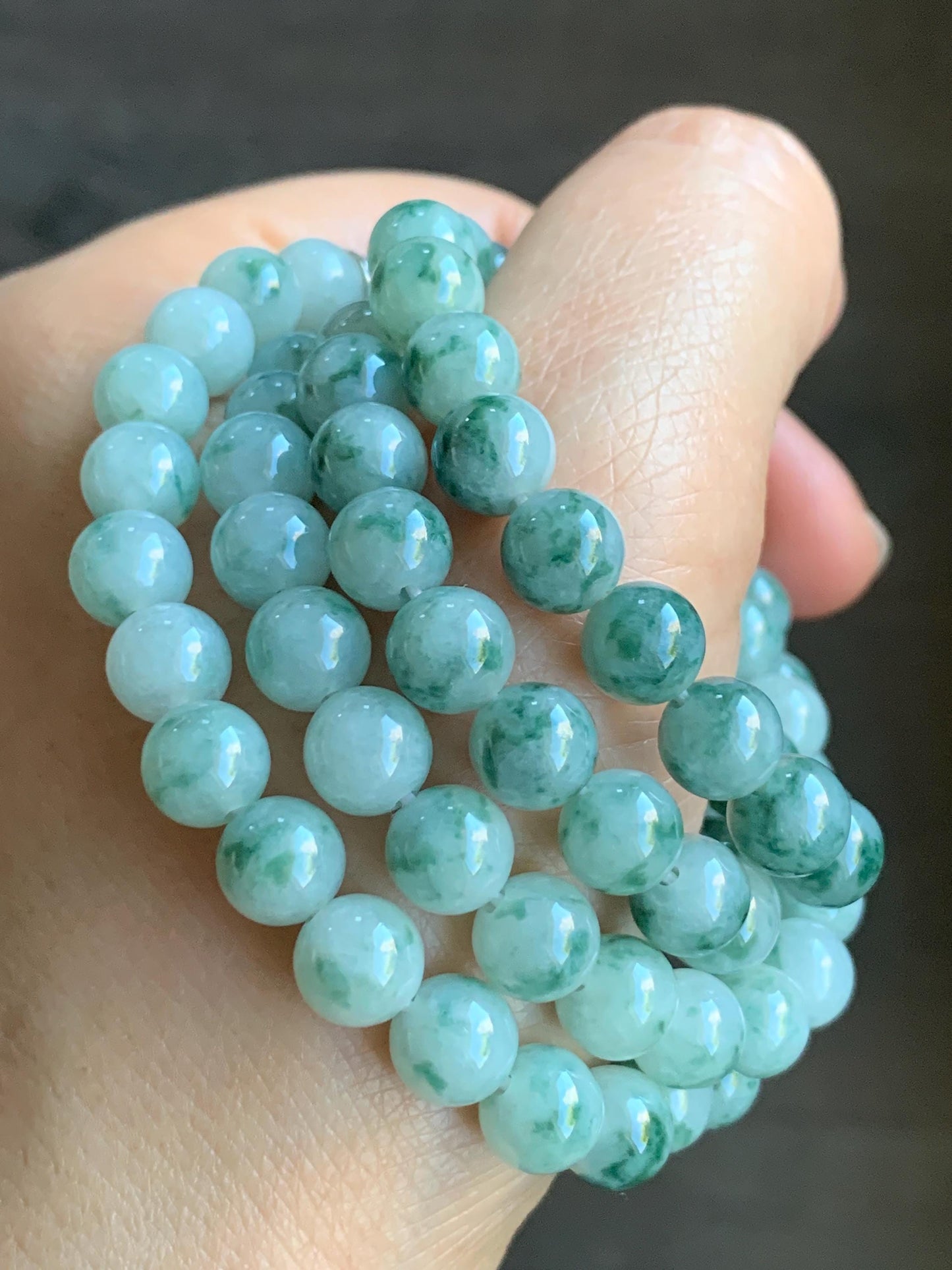 Certified Natural Burmese Icy Translucent Gelatinous Light Green Marbled Jadeite Beads Beaded Necklace 7.4mm 25” 61g 天然缅甸冰胶飘花翡翠圆珠长串项链 3006