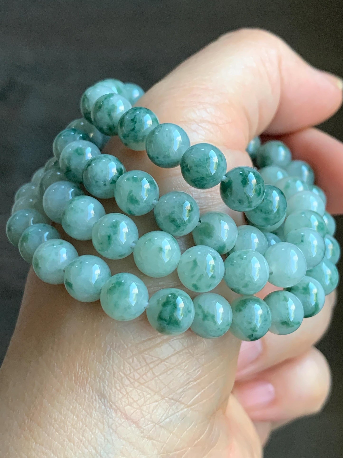 Certified Natural Burmese Icy Translucent Gelatinous Light Green Marbled Jadeite Beads Beaded Necklace 7.4mm 25” 61g 天然缅甸冰胶飘花翡翠圆珠长串项链 3006