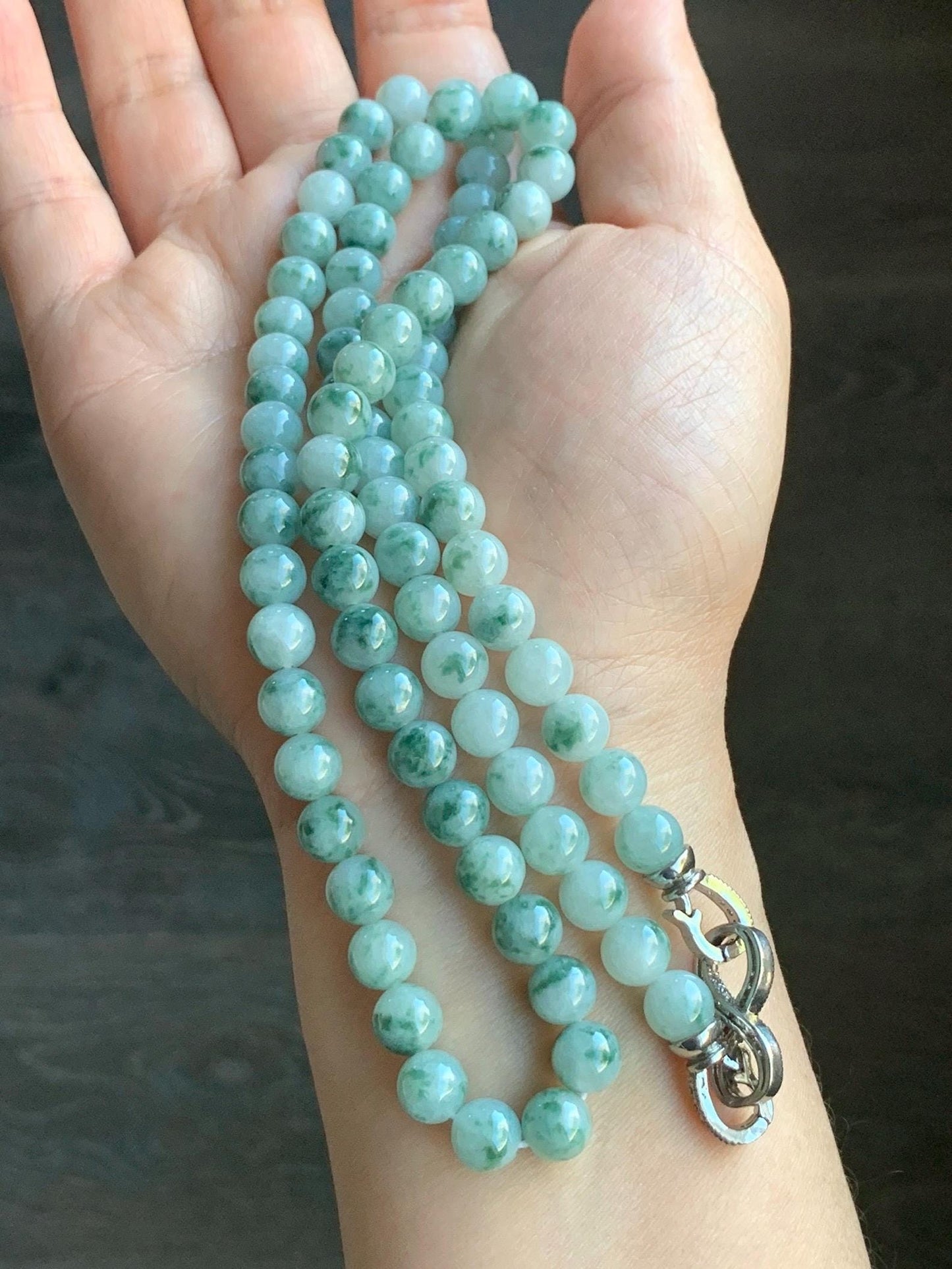 Certified Natural Burmese Icy Translucent Gelatinous Light Green Marbled Jadeite Beads Beaded Necklace 7.4mm 25” 61g 天然缅甸冰胶飘花翡翠圆珠长串项链 3006