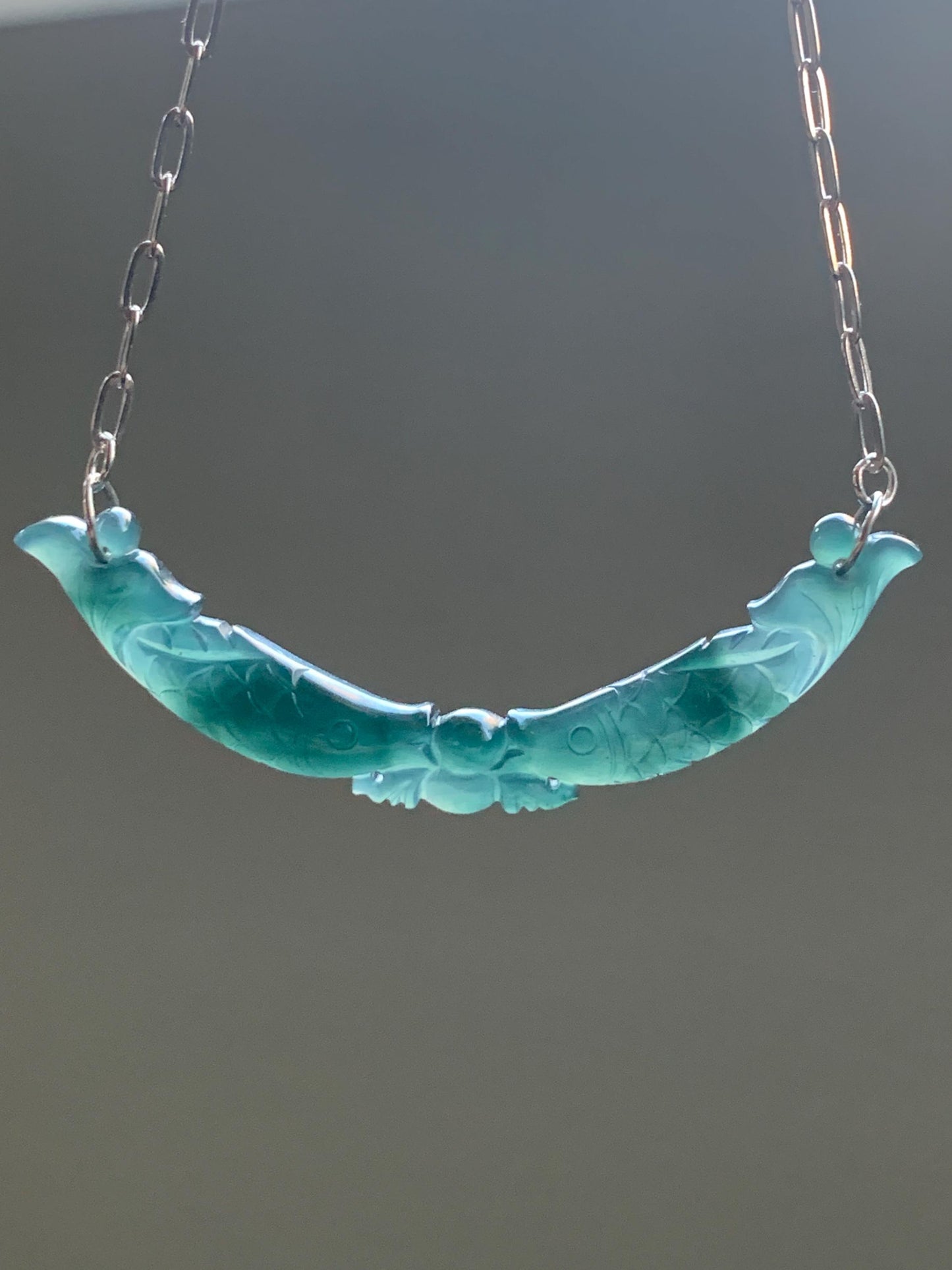 Natural Guatemalan Icy Translucent Deep Teal Blue Jadeite Double Fish Crescent Pendant 999 Sterling Silver Necklace 20” 天然冰胶危料湖水蓝翡翠双鱼玉横足银项链