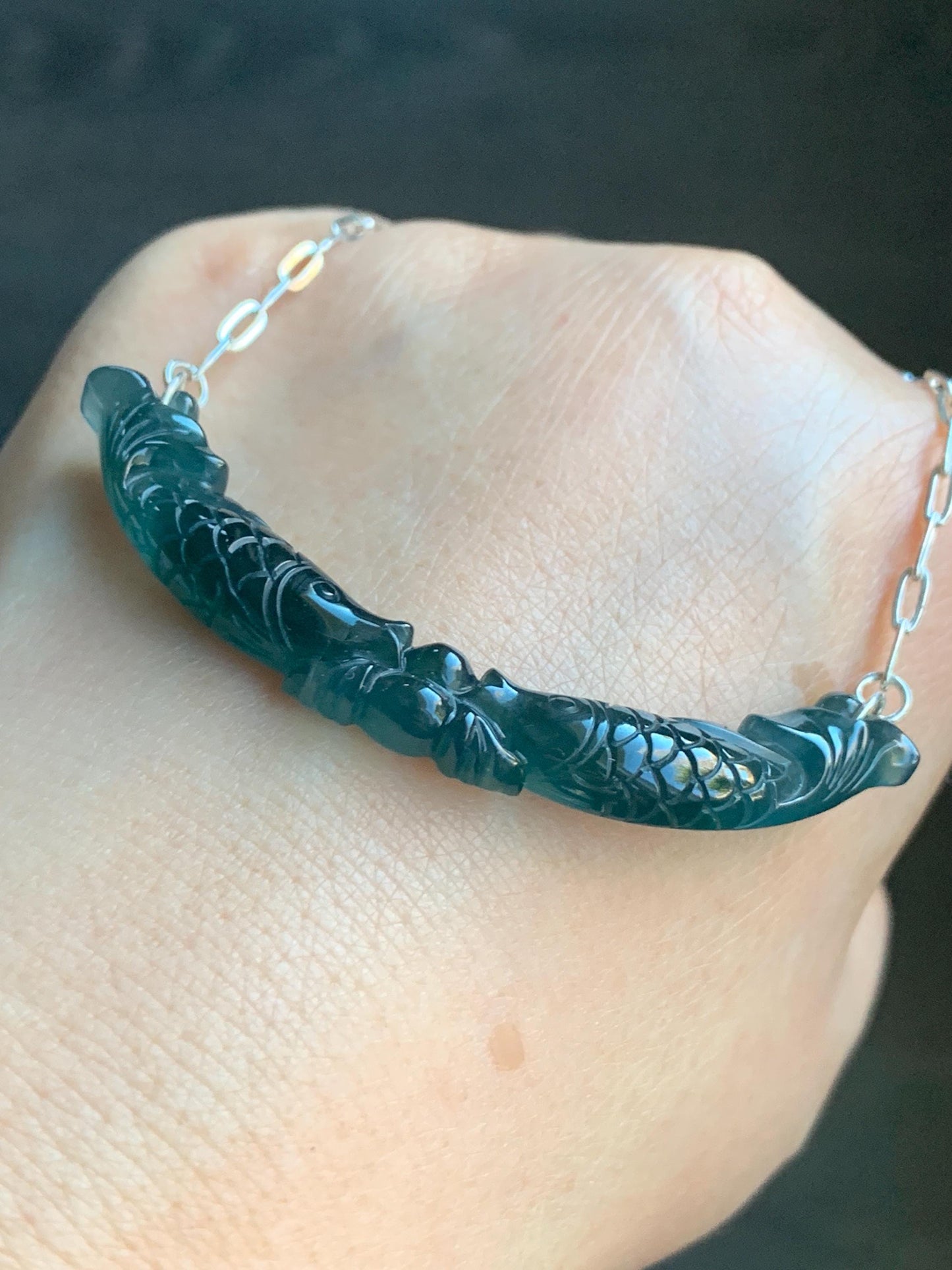 Natural Guatemalan Icy Translucent Deep Teal Blue Jadeite Double Fish Crescent Pendant 999 Sterling Silver Necklace 20” 天然冰胶危料湖水蓝翡翠双鱼玉横足银项链