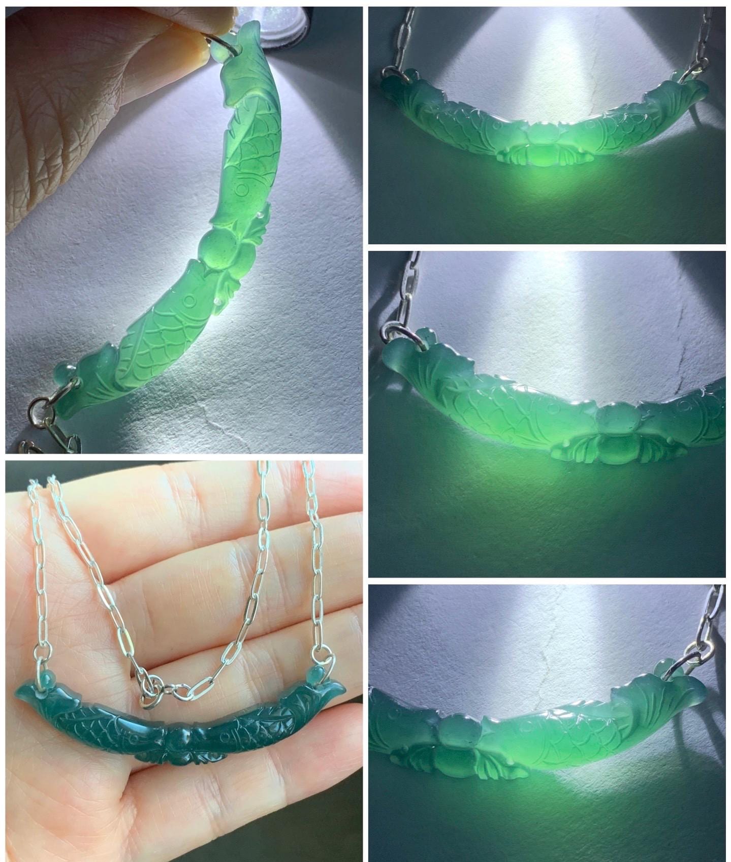Natural Guatemalan Icy Translucent Deep Teal Blue Jadeite Double Fish Crescent Pendant 999 Sterling Silver Necklace 20” 天然冰胶危料湖水蓝翡翠双鱼玉横足银项链