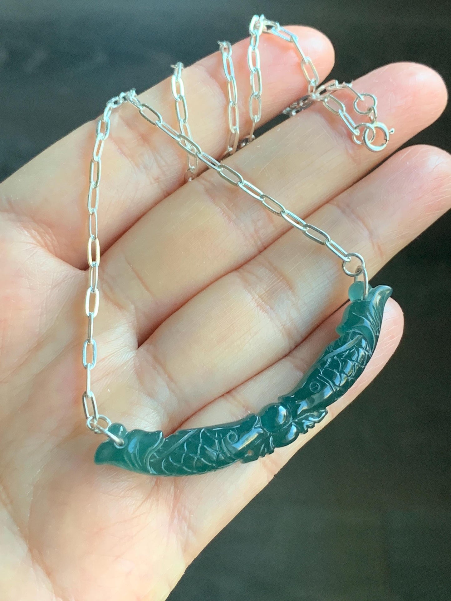 Natural Guatemalan Icy Translucent Deep Teal Blue Jadeite Double Fish Crescent Pendant 999 Sterling Silver Necklace 20” 天然冰胶危料湖水蓝翡翠双鱼玉横足银项链