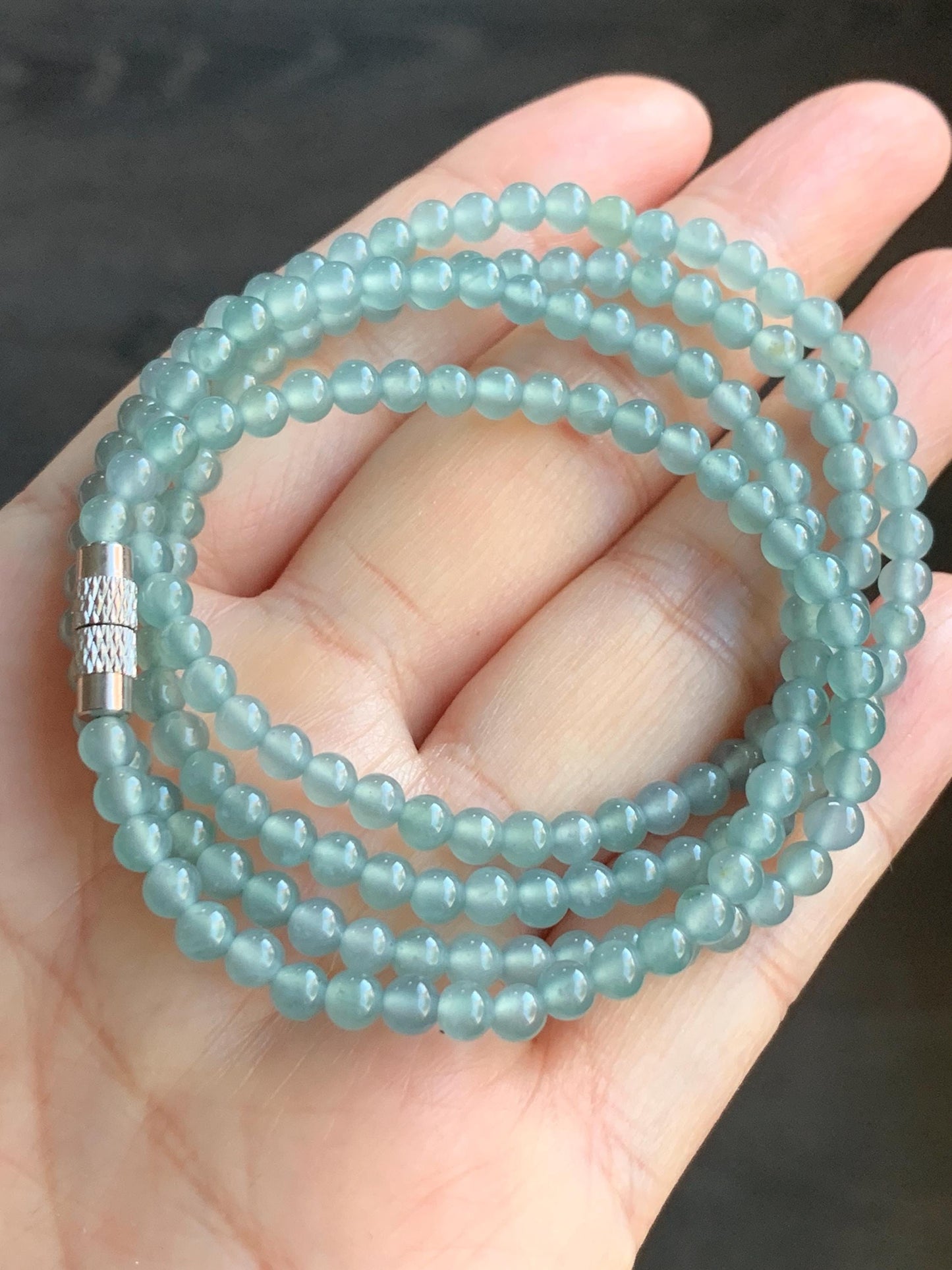 Natural Guatemalan Icy Highly Translucent Gelatinous Light Teal Blue Jadeite Petite Beaded Necklace 25.76” 3.8mm 17g 天然冰危淡蓝翡翠小卡珠项链 XWZ1129