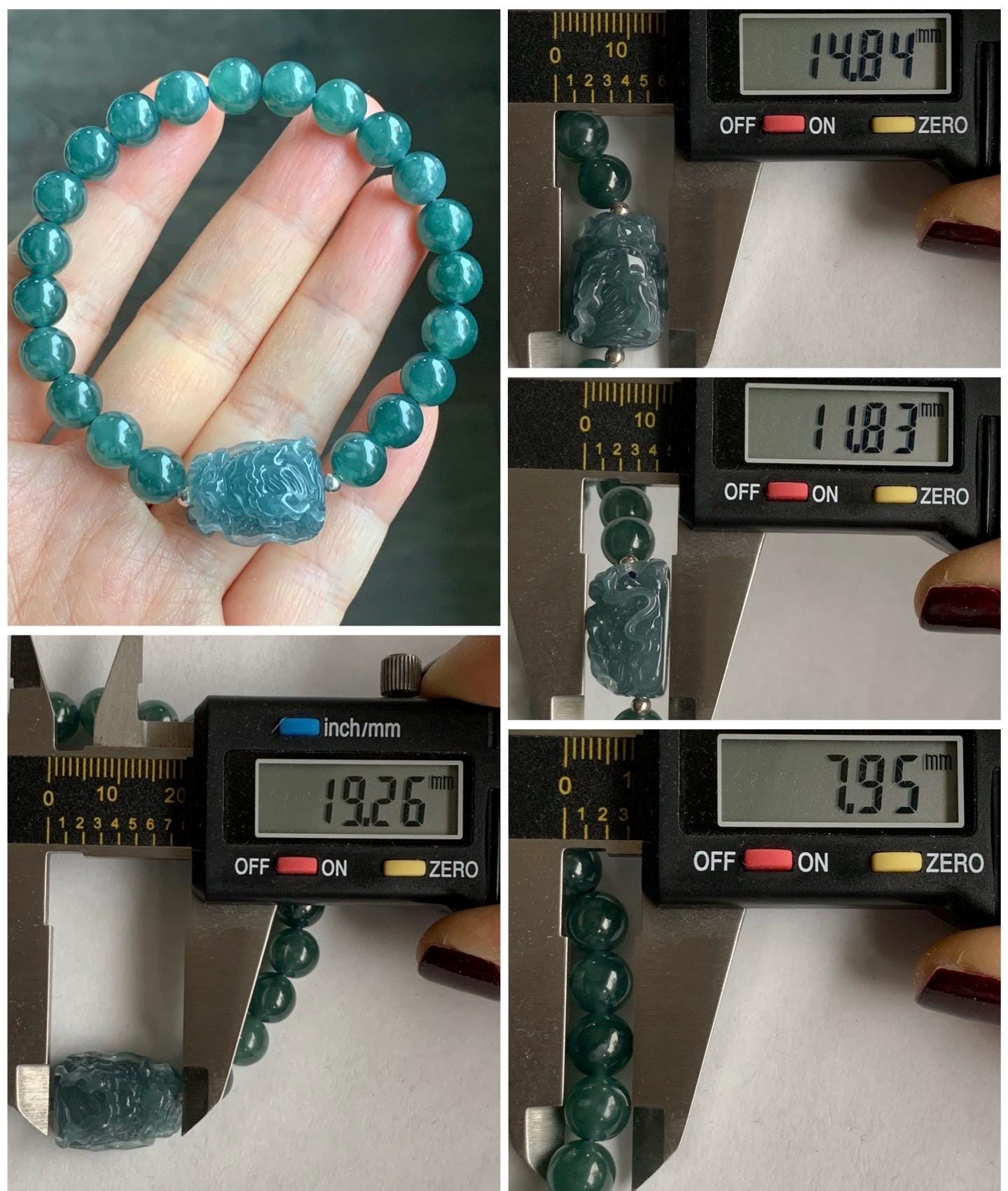 Natural Guatemalan Icy Highly Translucent Dusty Blue Jadeite Dragon Head Teal Blue Beaded Bracelet Sterling Silver 7” 24g 天然冰胶起光危蓝翡翠精工龙头圆珠手串