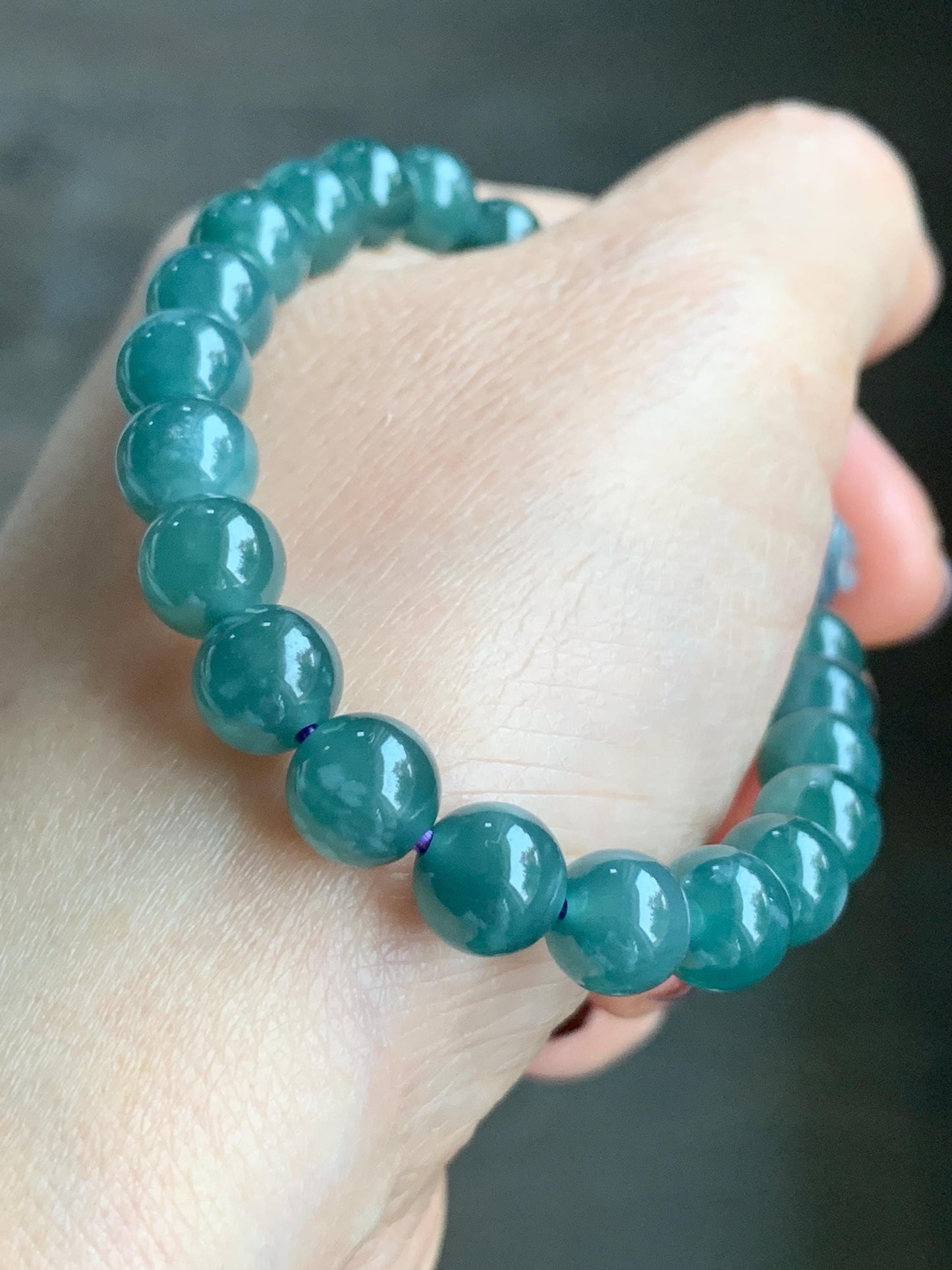 Natural Guatemalan Icy Highly Translucent Dusty Blue Jadeite Dragon Head Teal Blue Beaded Bracelet Sterling Silver 7” 24g 天然冰胶起光危蓝翡翠精工龙头圆珠手串