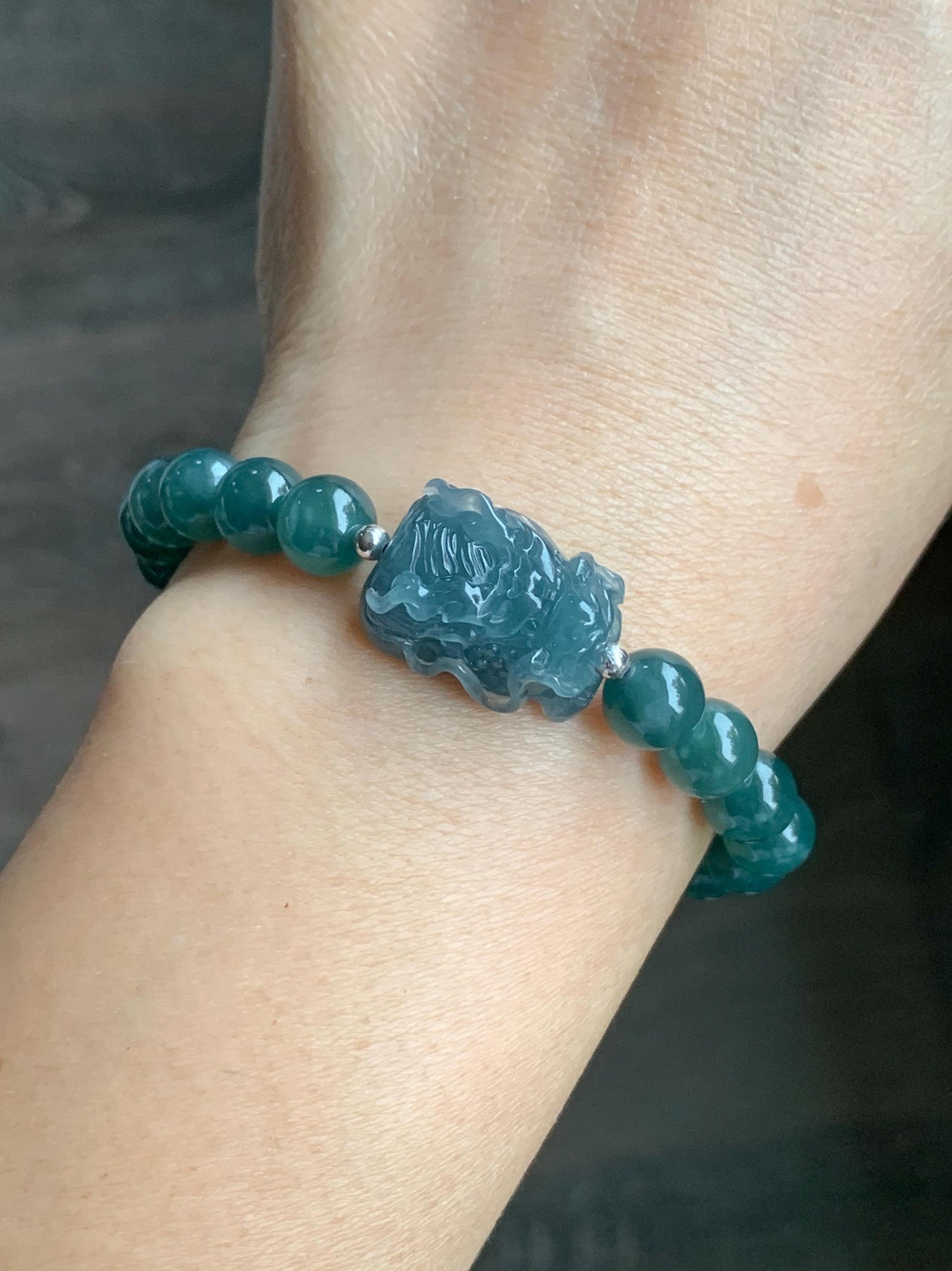 Natural Guatemalan Icy Highly Translucent Dusty Blue Jadeite Dragon Head Teal Blue Beaded Bracelet Sterling Silver 7” 24g 天然冰胶起光危蓝翡翠精工龙头圆珠手串