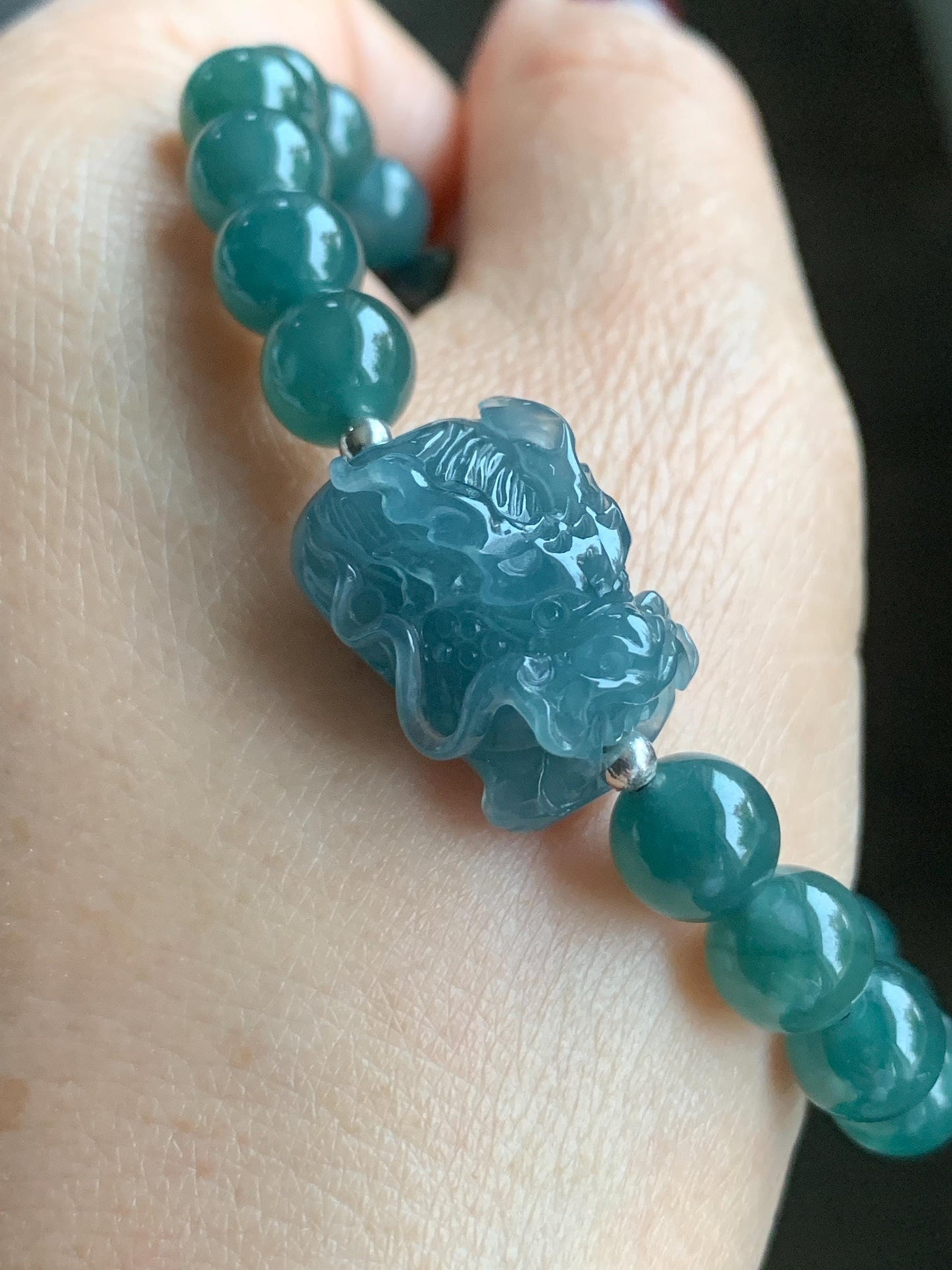 Natural Guatemalan Icy Highly Translucent Dusty Blue Jadeite Dragon Head Teal Blue Beaded Bracelet Sterling Silver 7” 24g 天然冰胶起光危蓝翡翠精工龙头圆珠手串