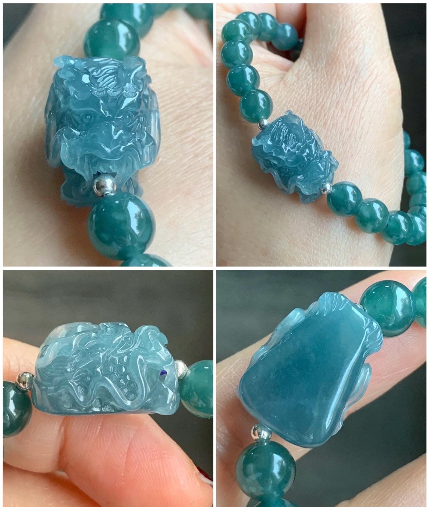 Natural Guatemalan Icy Highly Translucent Dusty Blue Jadeite Dragon Head Teal Blue Beaded Bracelet Sterling Silver 7” 24g 天然冰胶起光危蓝翡翠精工龙头圆珠手串