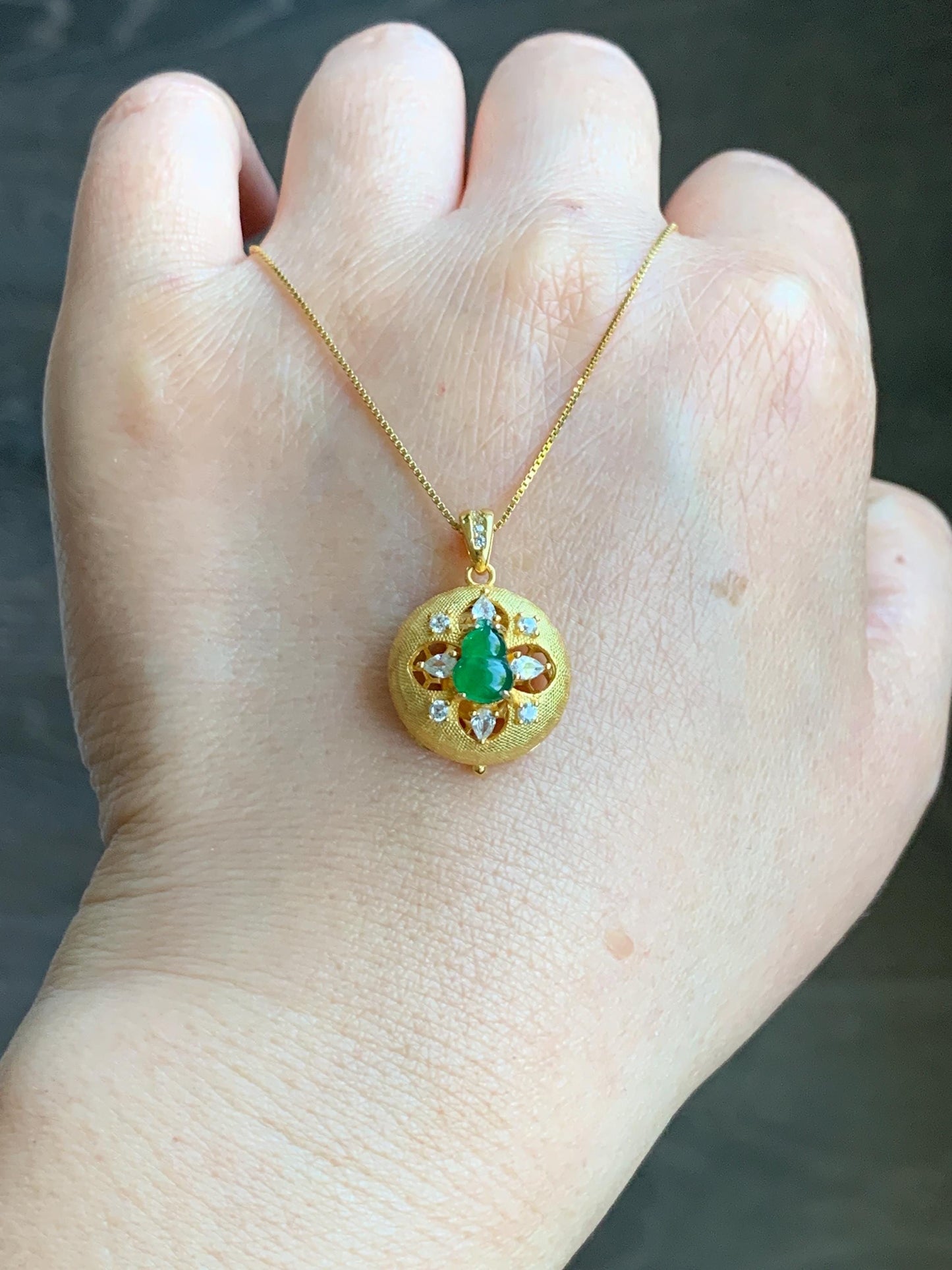 Natural Guatemalan Icy Translucent Vibrant Green Jadeite Hulu Gourd Locket Pendant S925 Sterling Silver Yellow Gold Overlay 天然高危冰绿翡翠葫芦镶嵌吊坠