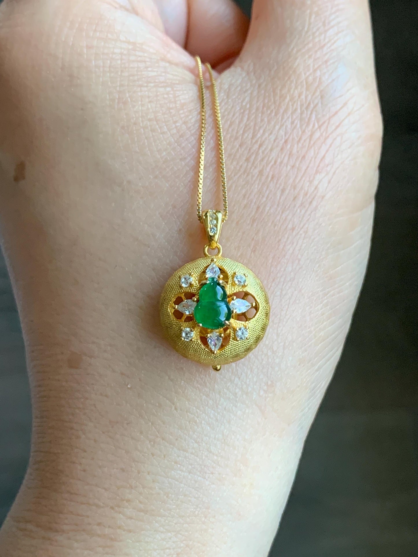 Natural Guatemalan Icy Translucent Vibrant Green Jadeite Hulu Gourd Locket Pendant S925 Sterling Silver Yellow Gold Overlay 天然高危冰绿翡翠葫芦镶嵌吊坠