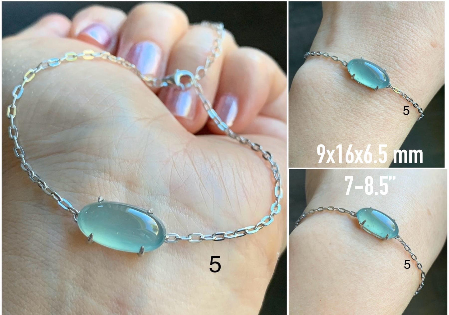 Natural Guatemalan Icy Highly Translucent Teal Blue Green Jadeite Solitaire Link Chain Bracelet Sterling Silver 7” Adjustable 天然冰危起光翡翠蛋面银镶手链