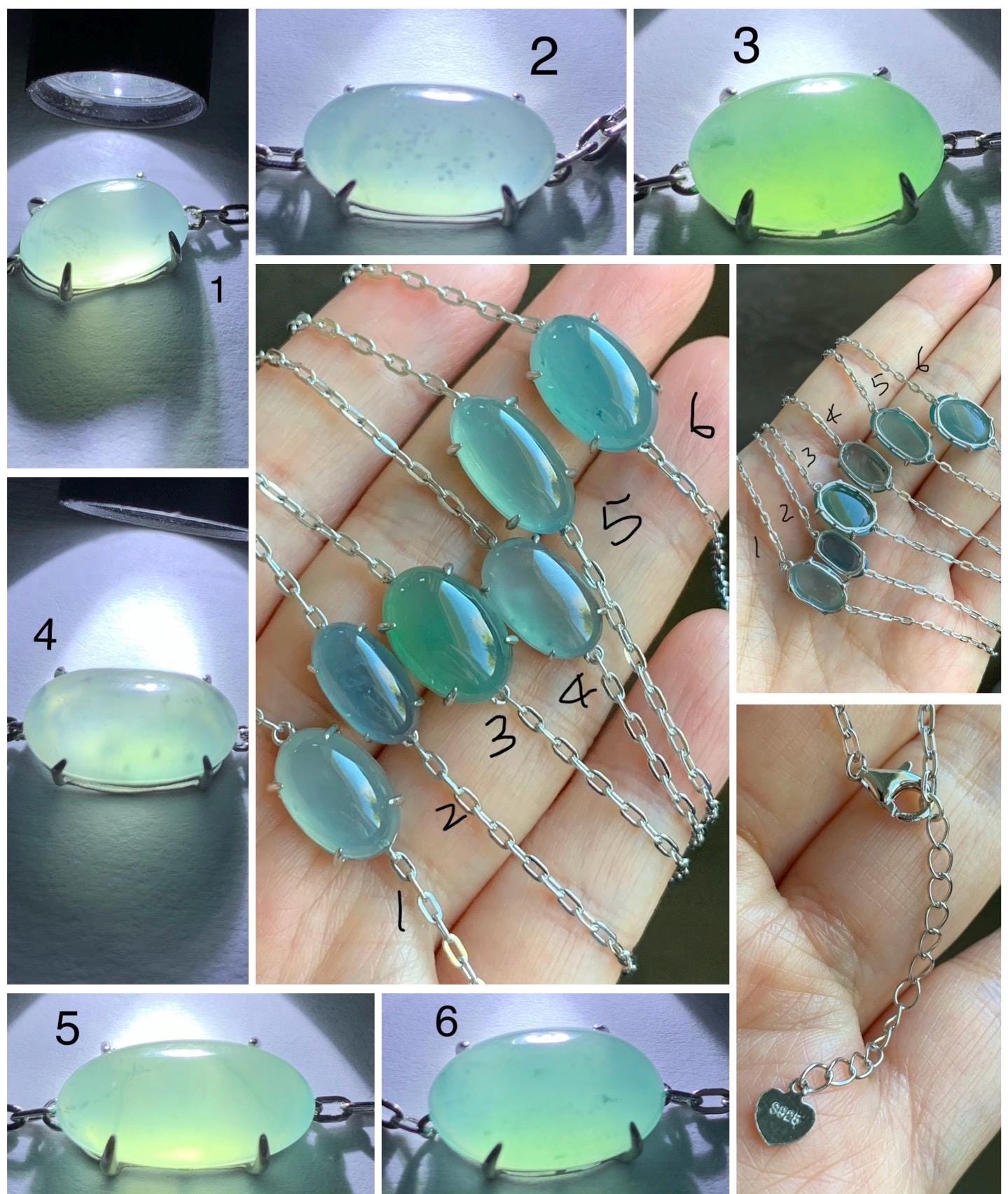 Natural Guatemalan Icy Highly Translucent Teal Blue Green Jadeite Solitaire Link Chain Bracelet Sterling Silver 7” Adjustable 天然冰危起光翡翠蛋面银镶手链