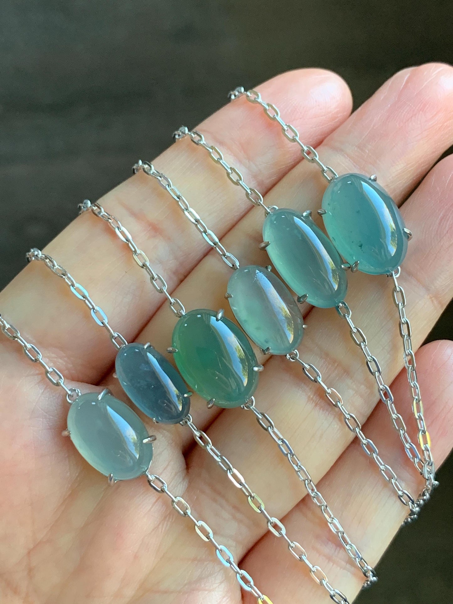 Natural Guatemalan Icy Highly Translucent Teal Blue Green Jadeite Solitaire Link Chain Bracelet Sterling Silver 7” Adjustable 天然冰危起光翡翠蛋面银镶手链