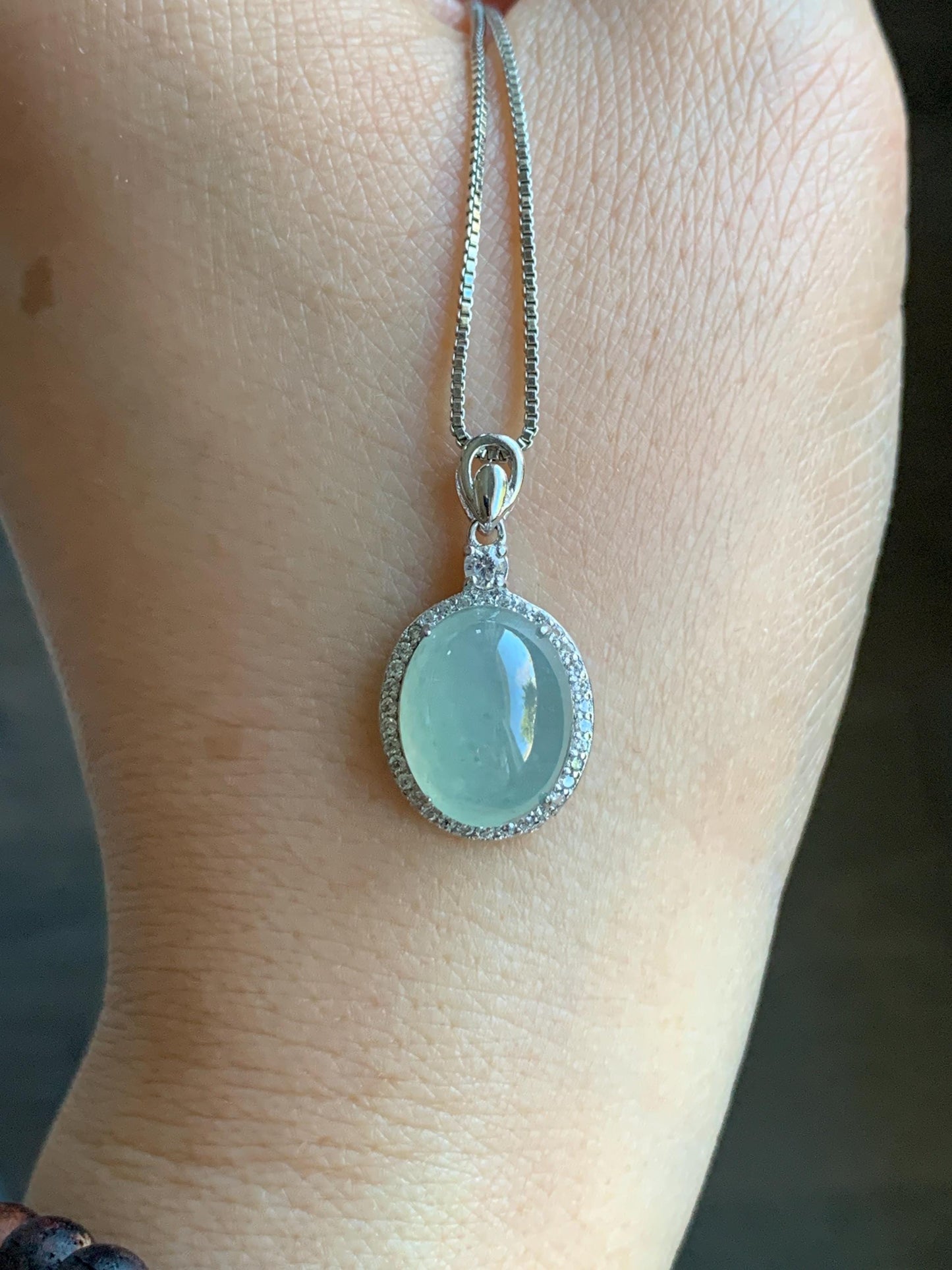 Natural Burmese Icy Highly Translucent Light Green Jadeite Oval Cabochon Pendant Sterling Silver 天然缅甸冰晴起光翡翠镶嵌吊坠