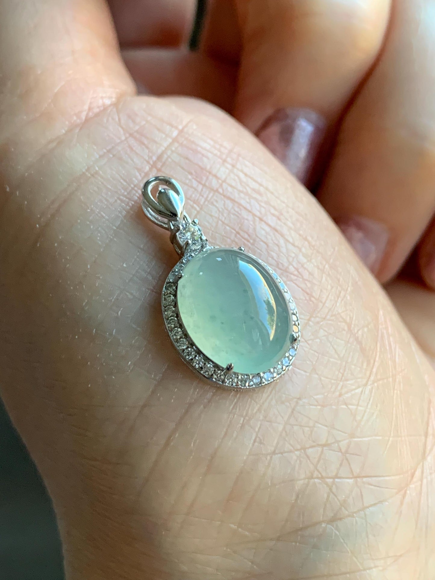 Natural Burmese Icy Highly Translucent Light Green Jadeite Oval Cabochon Pendant Sterling Silver 天然缅甸冰晴起光翡翠镶嵌吊坠