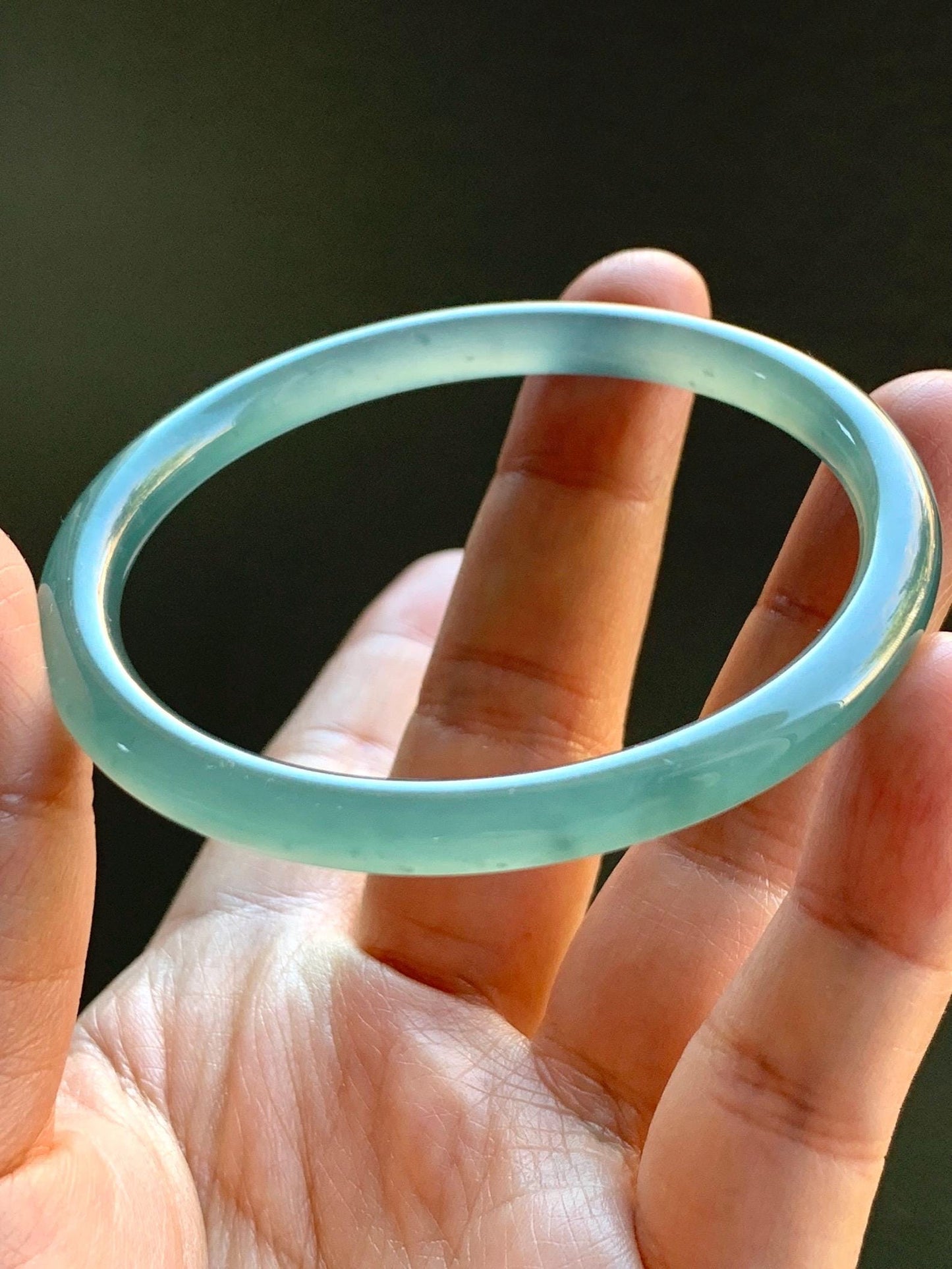 Certified Natural Guatemalan Icy Highly Translucent Light Teal Green Jadeite Slim Bangle Bracelet 58.1mm 6.6x4.8mm 17g 天然老种冰胶危晴蓝翡翠细条手镯 6959