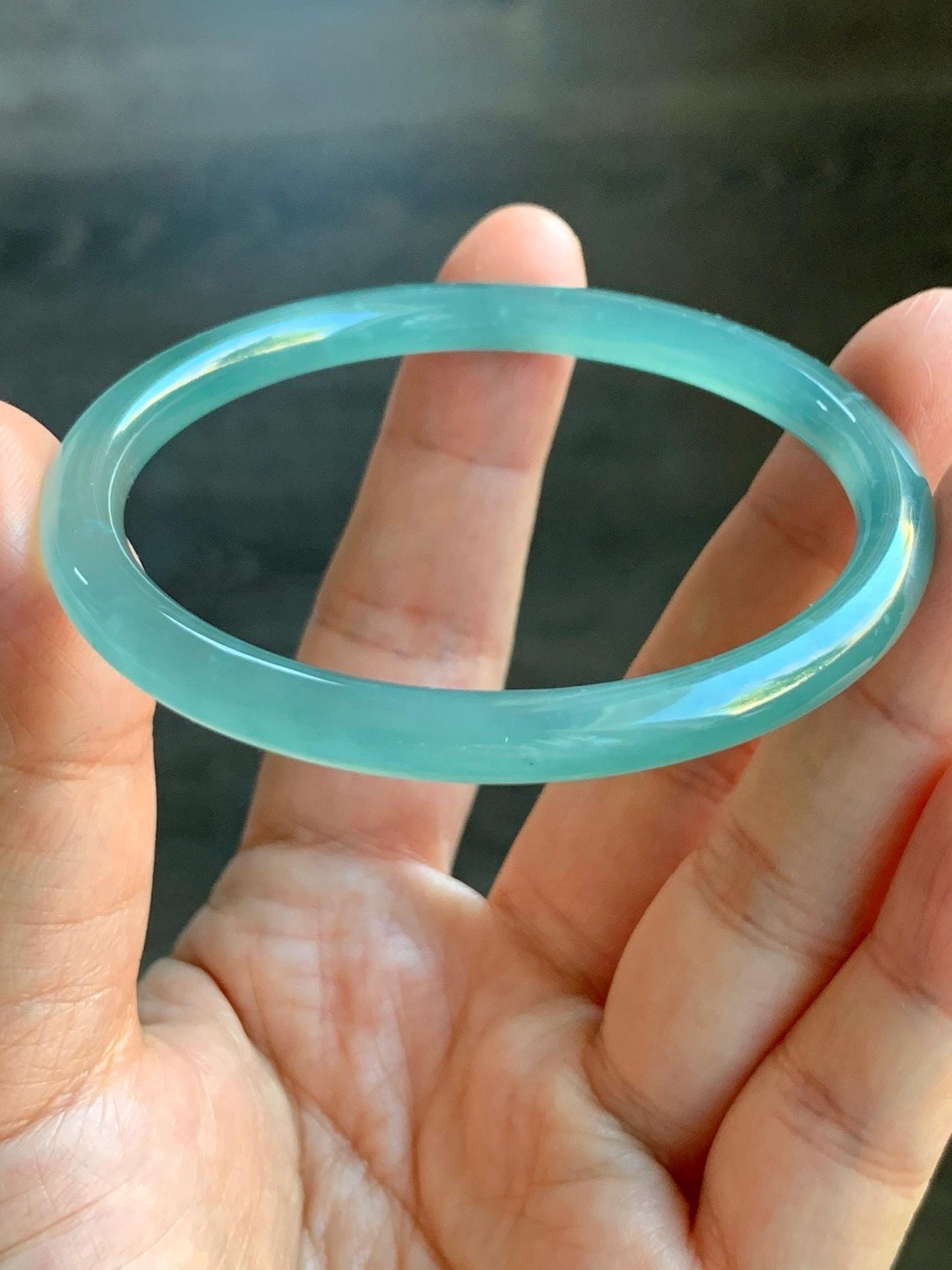 Certified Natural Guatemalan Icy Highly Translucent Light Teal Green Jadeite Slim Bangle Bracelet 58.1mm 6.6x4.8mm 17g 天然老种冰胶危晴蓝翡翠细条手镯 6959