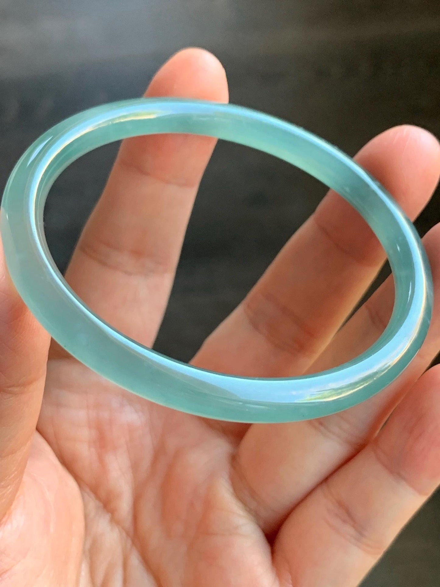 Certified Natural Guatemalan Icy Highly Translucent Light Teal Green Jadeite Slim Bangle Bracelet 58.1mm 6.6x4.8mm 17g 天然老种冰胶危晴蓝翡翠细条手镯 6959