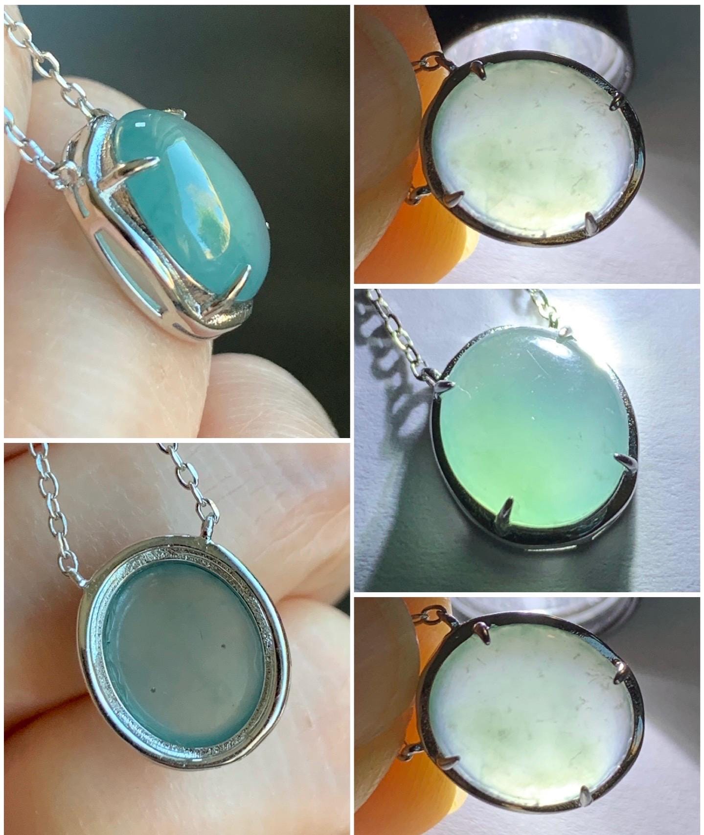 Natural Guatemalan Grade A Icy Translucent Dusty Blue Oval Jadeite Pendant Chain Necklace S925 Sterling Silver 15.5”-17” 3g 天然冰危蓝翡翠银镶吊坠套链