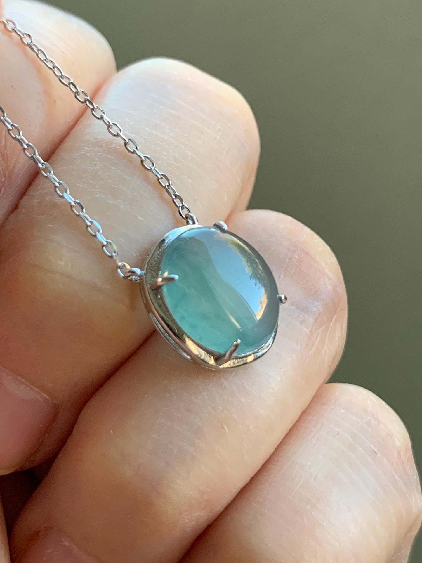 Natural Guatemalan Grade A Icy Translucent Dusty Blue Oval Jadeite Pendant Chain Necklace S925 Sterling Silver 15.5”-17” 3g 天然冰危蓝翡翠银镶吊坠套链