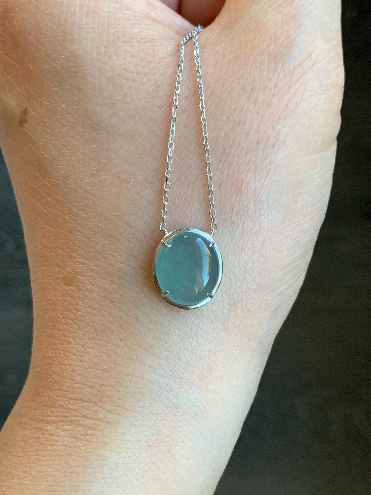 Natural Guatemalan Grade A Icy Translucent Dusty Blue Oval Jadeite Pendant Chain Necklace S925 Sterling Silver 15.5”-17” 3g 天然冰危蓝翡翠银镶吊坠套链