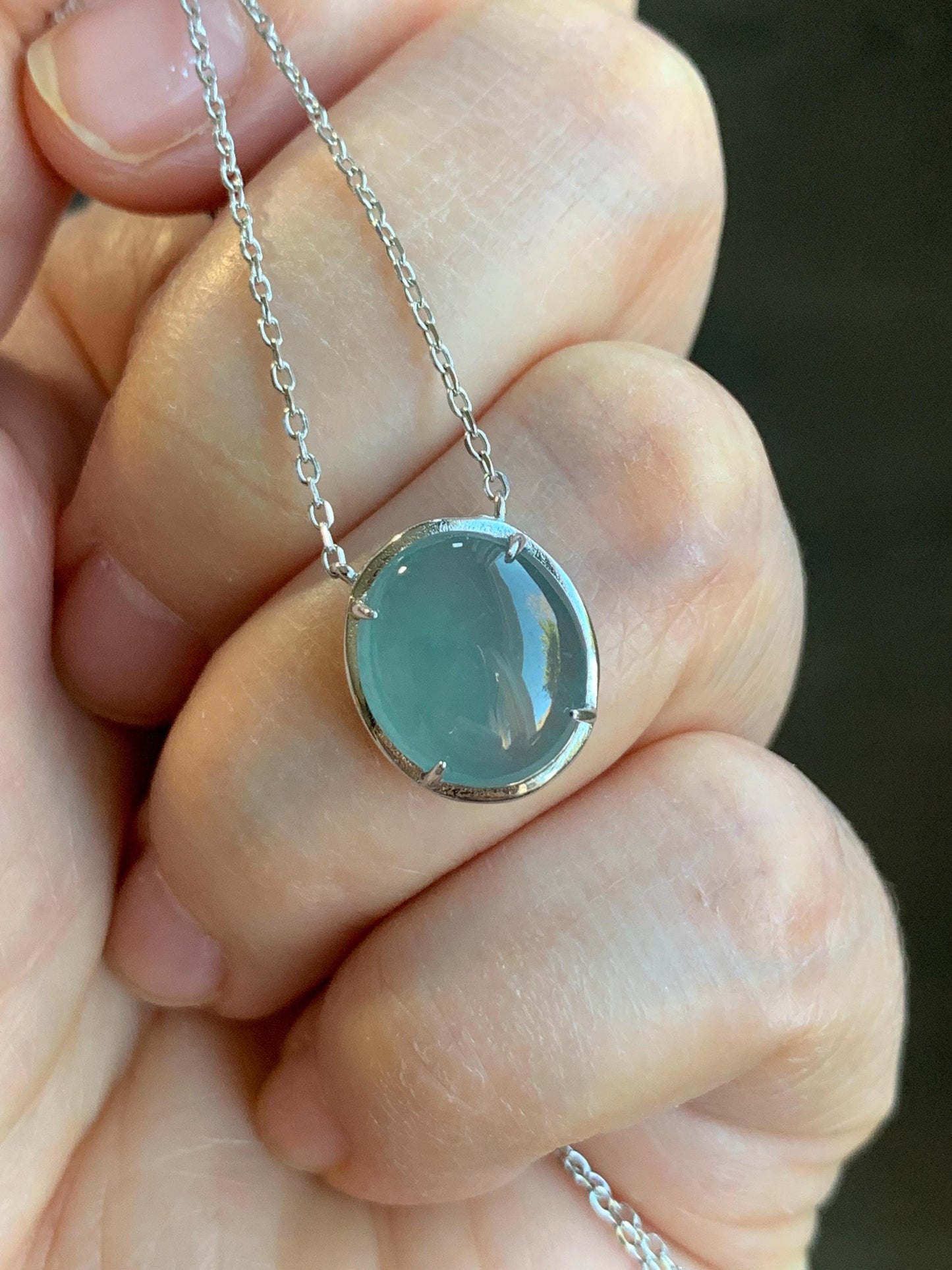 Natural Guatemalan Grade A Icy Translucent Dusty Blue Oval Jadeite Pendant Chain Necklace S925 Sterling Silver 15.5”-17” 3g 天然冰危蓝翡翠银镶吊坠套链
