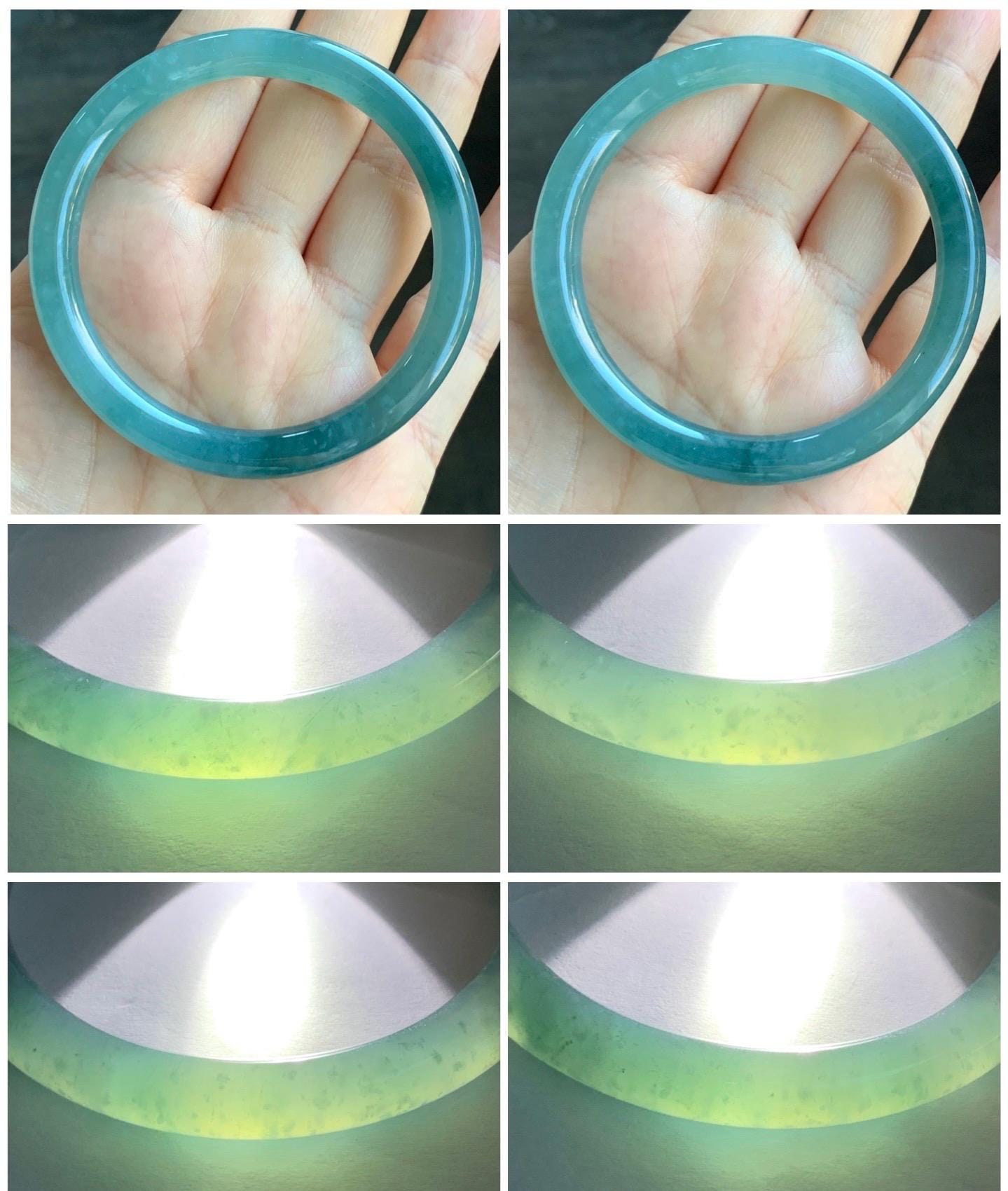 Certified Natural Guatemalan Icy Highly Translucent Dusty Teal Blue Jadeite Rounded Bangle Bracelet 55.6mm 7.6x7.7mm 天然老种冰胶危蓝翡翠圆条手镯 7805