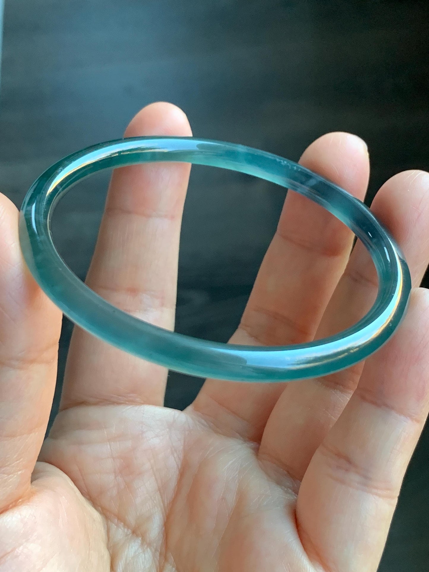 Certified Natural Guatemalan Icy Highly Translucent Dark Teal Blue Jadeite Slim Bangle Bracelet 57.7mm 5.1x5.4mm 15.18g 天然老种冰胶危深蓝翡翠细条手镯 7804