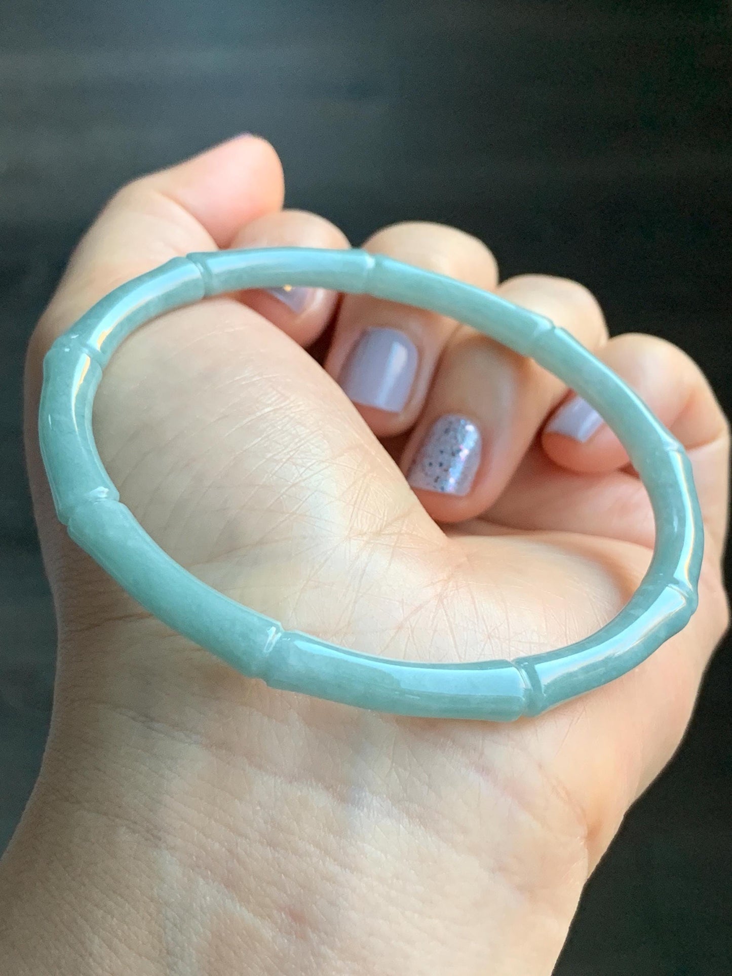 Certified Natural Guatemalan Translucent Light Teal Blue Jadeite Carved Slim Bamboo Bangle Bracelet 63.97mm 7.9” 16g 天然危浅篮绿翡翠竹节手镯 7816