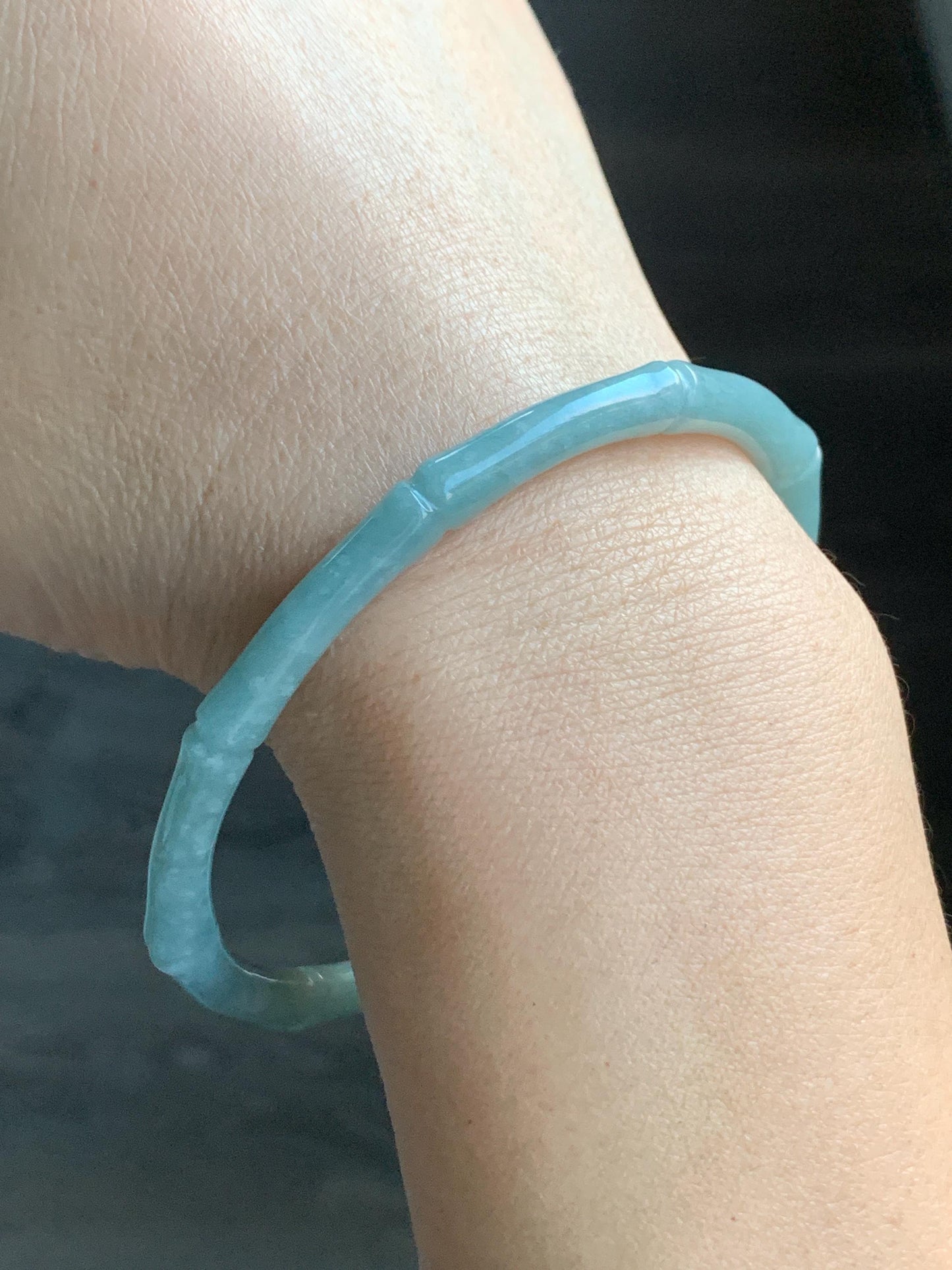Certified Natural Guatemalan Translucent Light Teal Blue Jadeite Carved Slim Bamboo Bangle Bracelet 63.97mm 7.9” 16g 天然危浅篮绿翡翠竹节手镯 7816