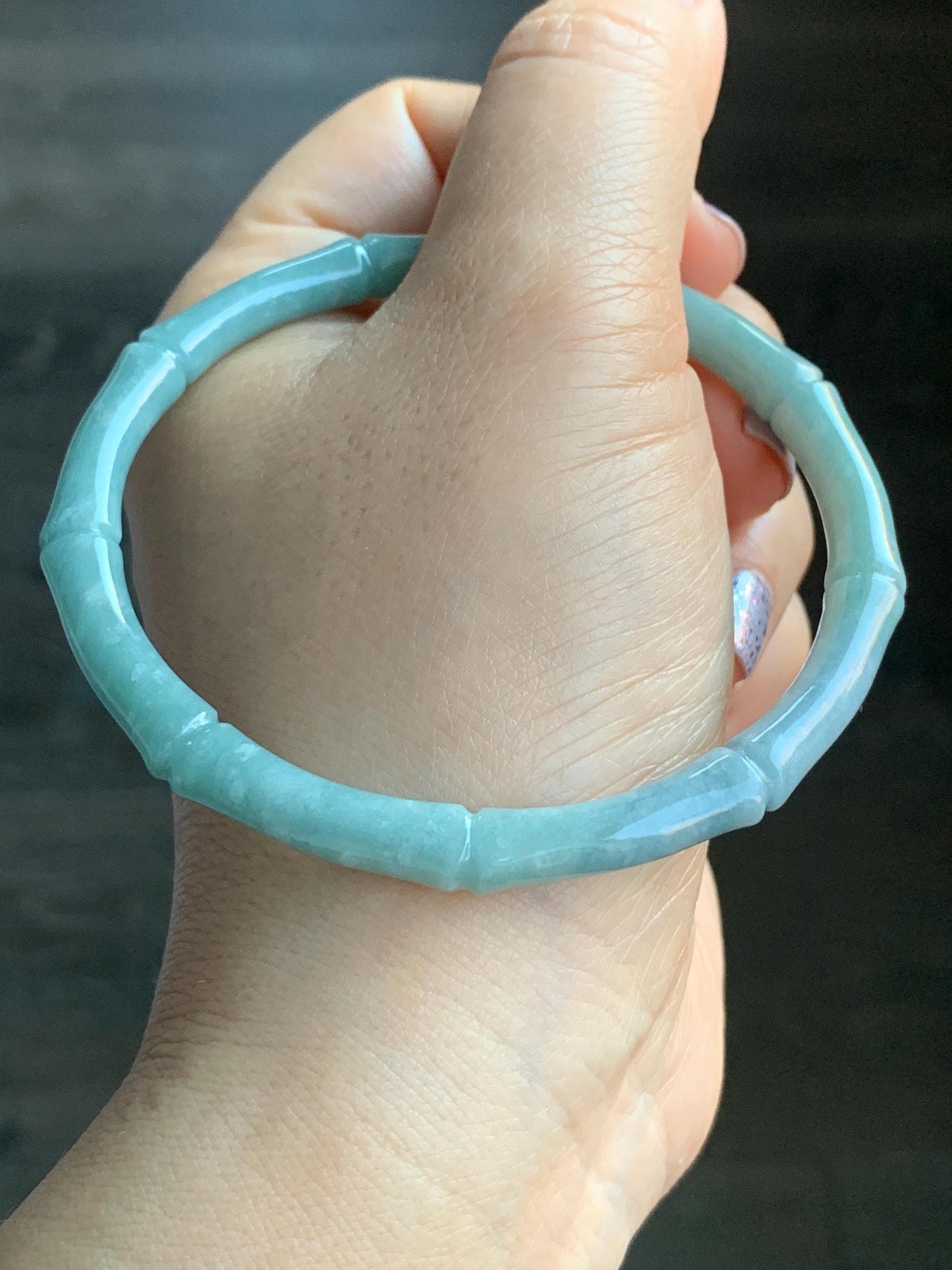 Certified Natural Guatemalan Translucent Light Teal Blue Jadeite Carved Slim Bamboo Bangle Bracelet 62mm 7.68” 19.43g 天然危浅篮绿翡翠竹节手镯 7822