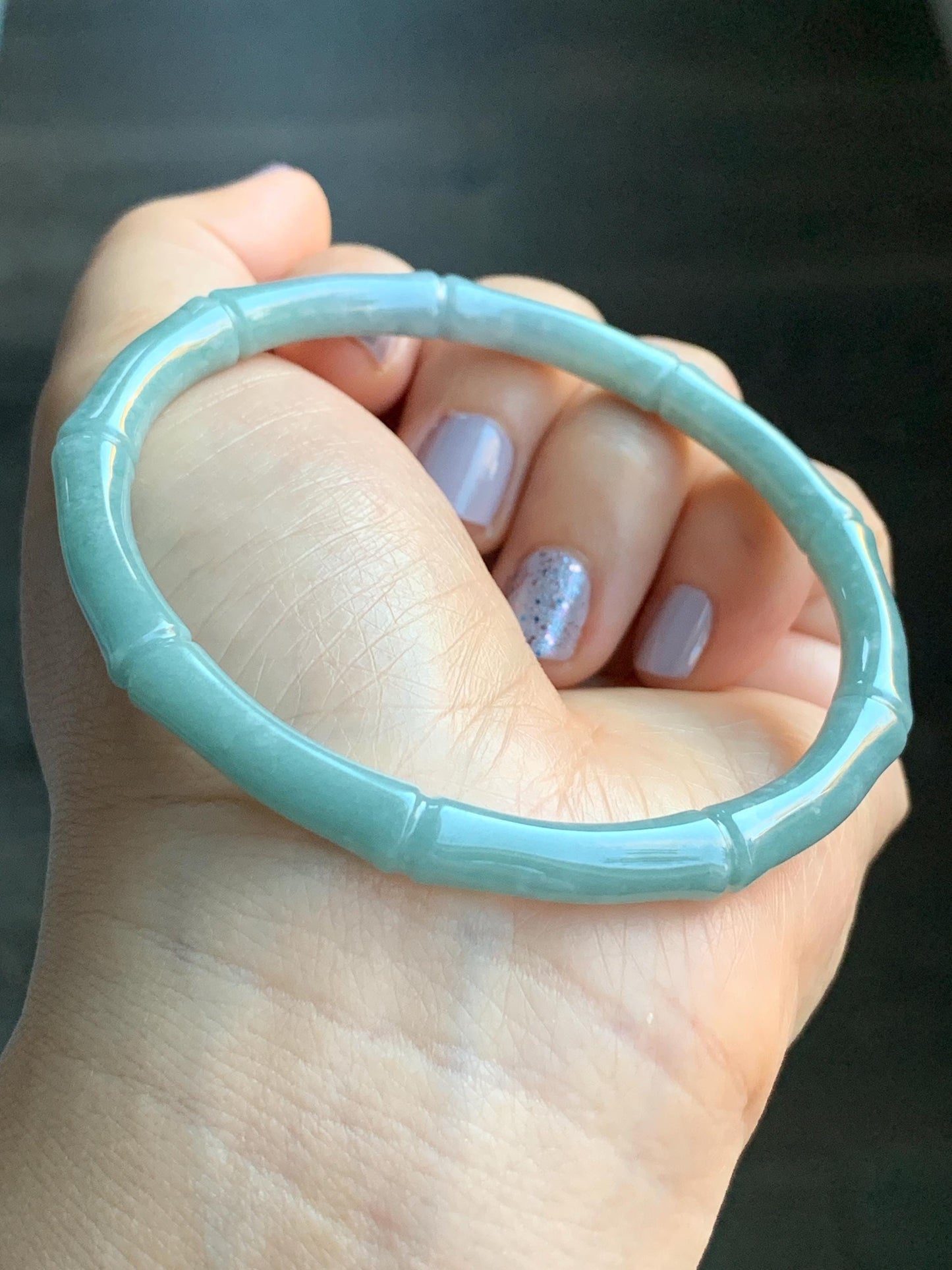 Certified Natural Guatemalan Translucent Light Teal Blue Jadeite Carved Slim Bamboo Bangle Bracelet 62mm 7.68” 19.43g 天然危浅篮绿翡翠竹节手镯 7822